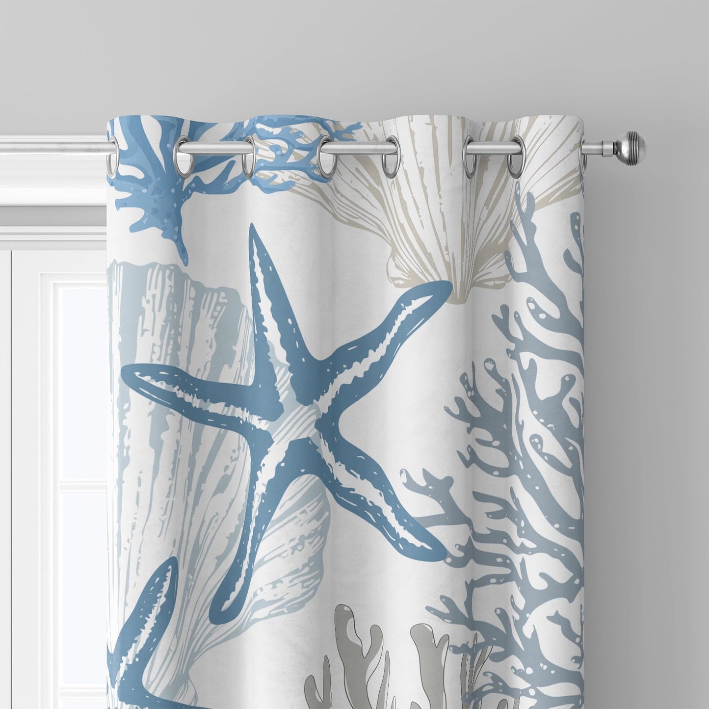Sanzugh Coastal Beach Blackout Curtains 84 Inch Long 2 Panels Set, Blue Nautical Ocean Beachy Black Out Patterned Printed Window Curtain for Bedroom Living Room, Seashell Coral Grommet Window Drapes