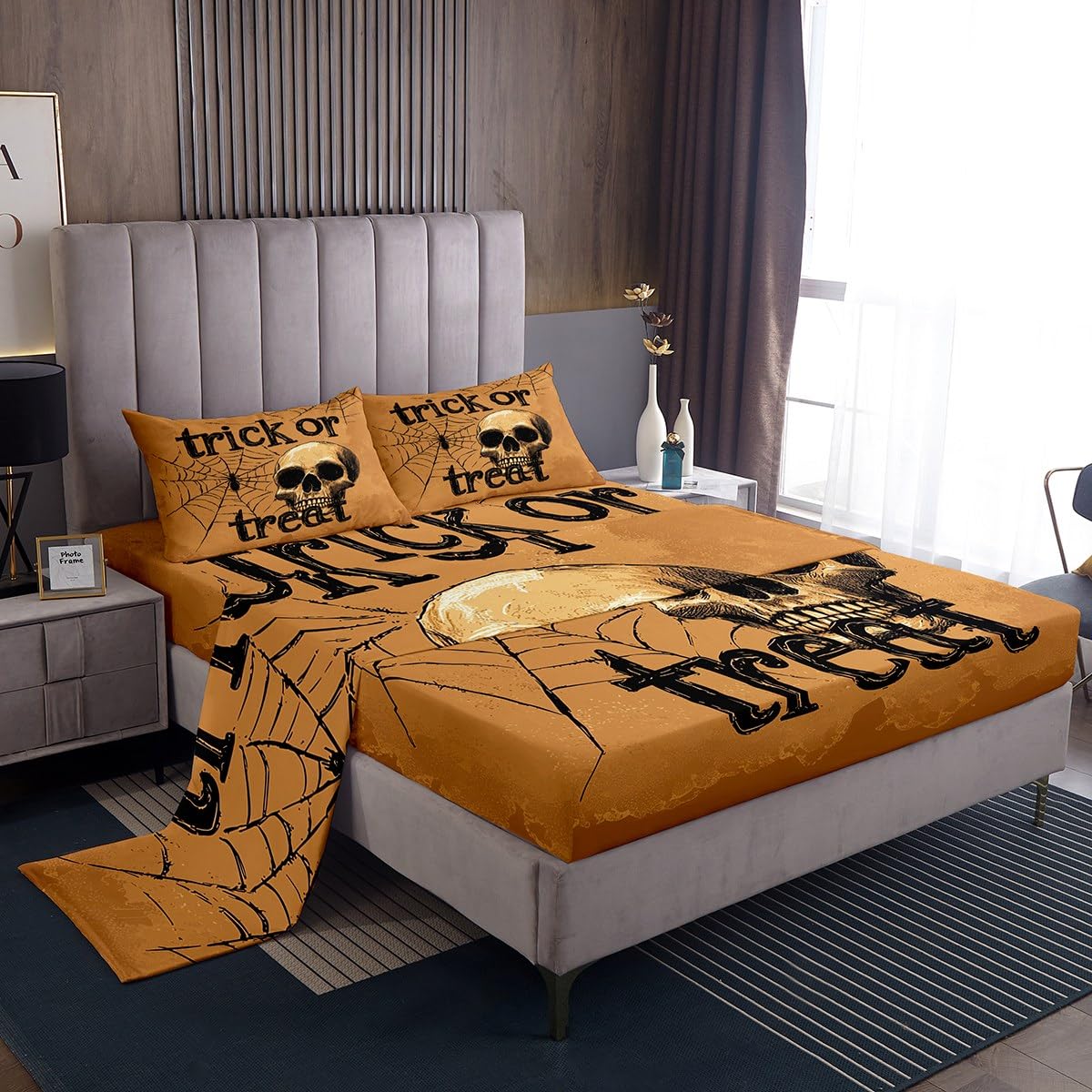 Feelyou Kids Halloween Bed Sheets Set Full Size, Trick or Treat Sheet Set Skull Decor Bedding Set Boys Girls Spider Web Teens Bedroom Decor Soft Bed Set 4Pcs