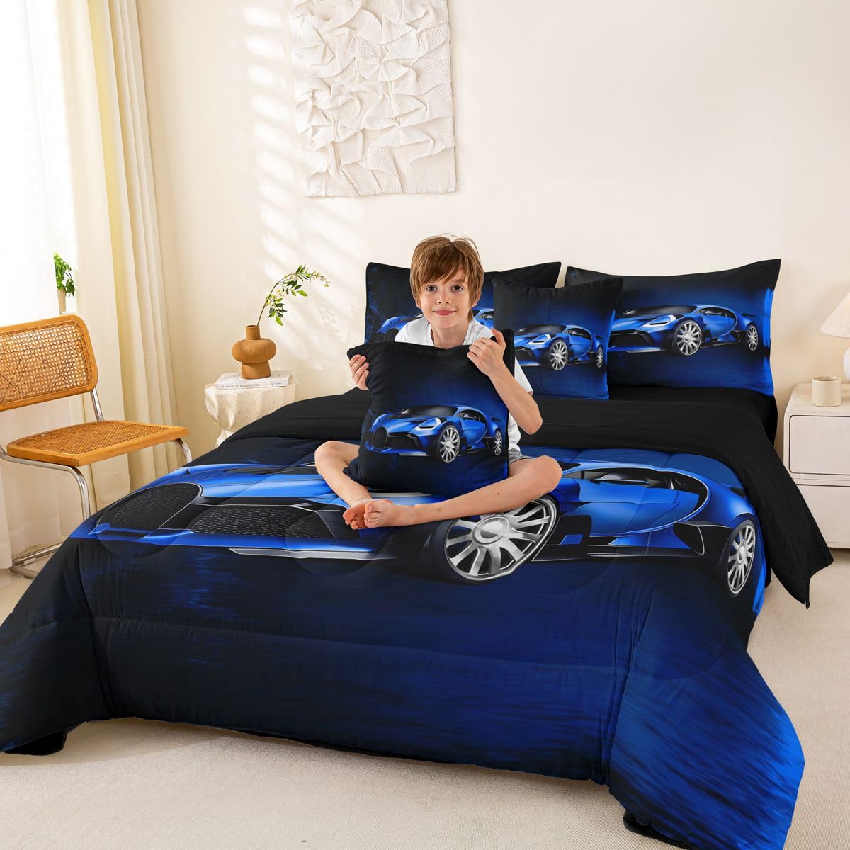 Feelyou Sports Car 7 Piece Bedding Set Blue Race Car Comforter Set with Sheets for Kids Boys Girls Extreme Sports Theme Bed in a Bag Cool Speed Luxury Car Decor Bed Set with 2 Pillowcases Queen