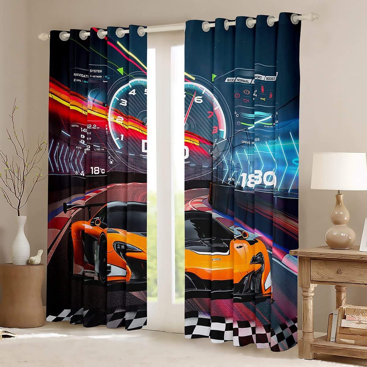 Feelyou Race Car Window Curtains Bedroom Living Room Boys Extreme Sports Curtains Kids Room Decor Boys Cool Car Window Drapes Sports Kids Bedroom Decor Treatments 38W X 45L，2 Panels