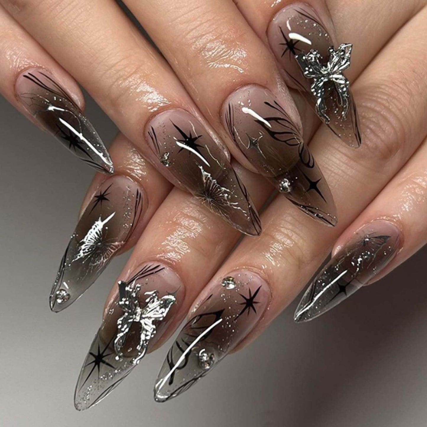 Gifiky Long Stiletto Press on Nails Gradient Fake Nails Full Cover Nails Tips Butterfly Crystal Gem Design False Nails for Women and Girls 24Pcs