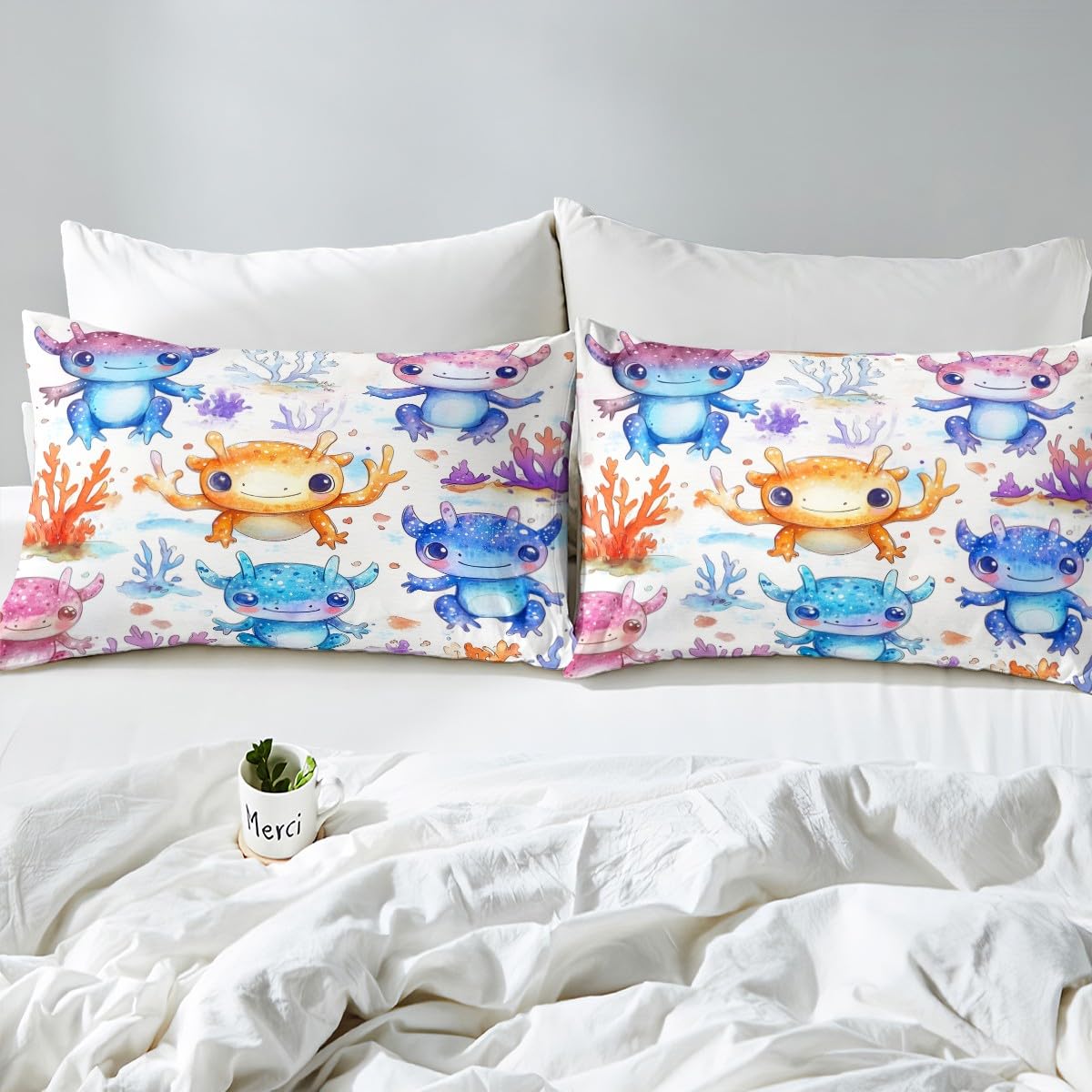 Erosebridal Cartoon Axolotl Bed Sheets for Kids Boys Girls Toddlers,Kawaii Axolotl Sheet Set,Coastal Ocean Sealife Fitted Sheet + Top Sheet + 2 Pillowcases,Full,Purple