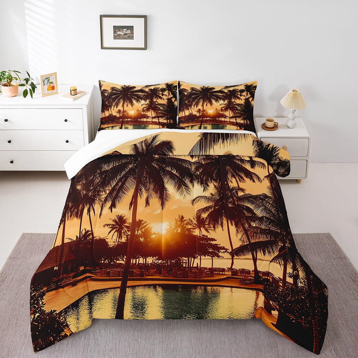 jejeloiu Palm Tree Bedding Set Full Size Kids Palm Leaf Comforter for Boys Girls Hawaiian Tropical Island Comforter Set Summer Duvet Set Room Decorations Quilt Set
