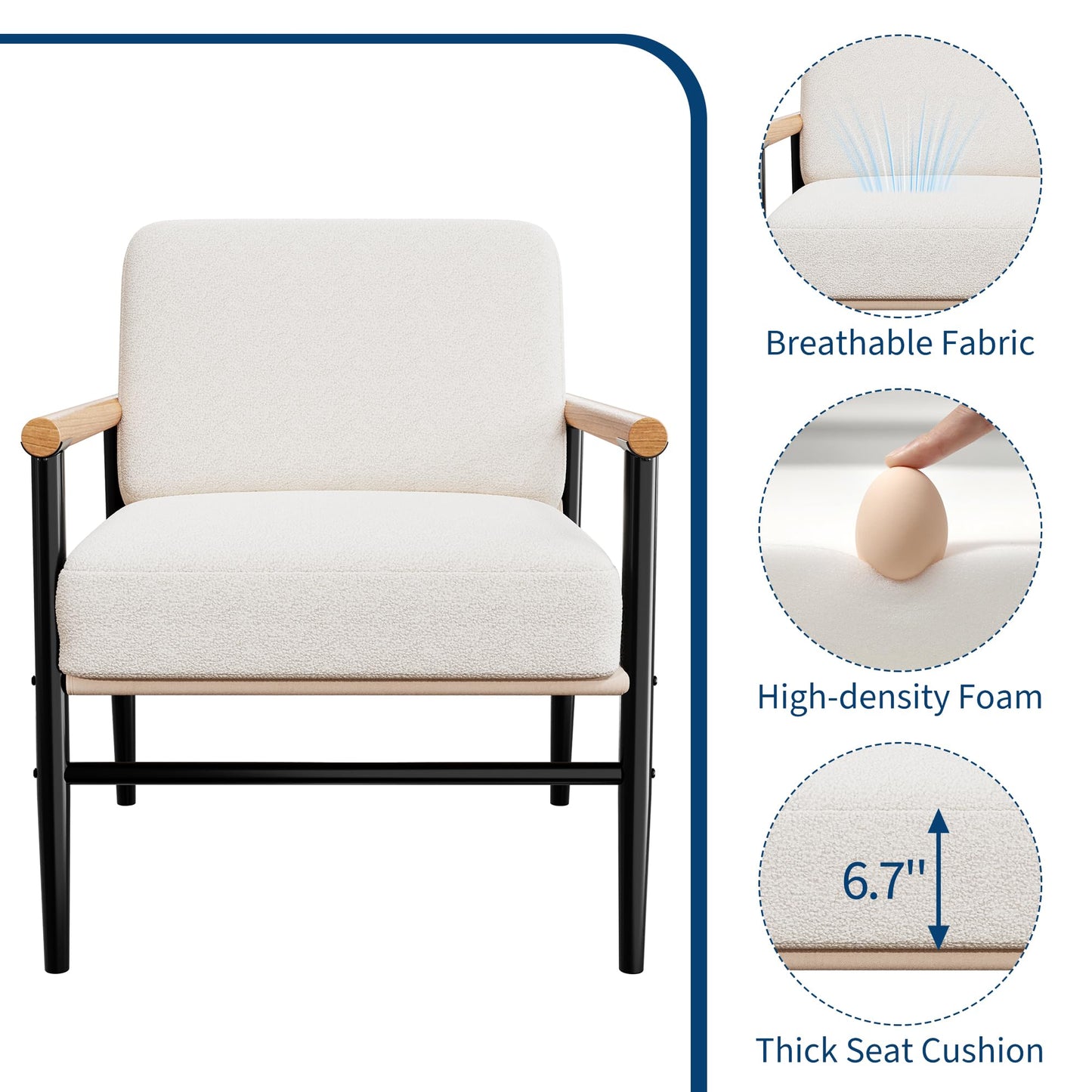 GarveeLife Modern Sherpa Accent Chair for Living Room, Ergonomic Reading Chair with Thick Cushion & Sturdy Iron Frame, Soft Comfy Armchair for Bedroom, Space Saving, Easy Assembly, Beige