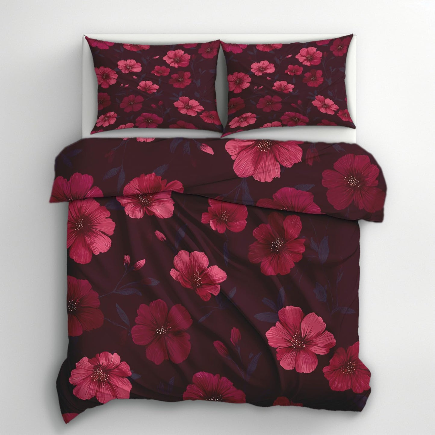 Burgundy Pink Floral Full Duvet Cover Set 3 Piece, Botanical Flower Reversible Bedding with 2 Pillow Shams, Zipper & Ties, Ultra Soft Microfiber, Floral Bedroom Decorations 79A-I