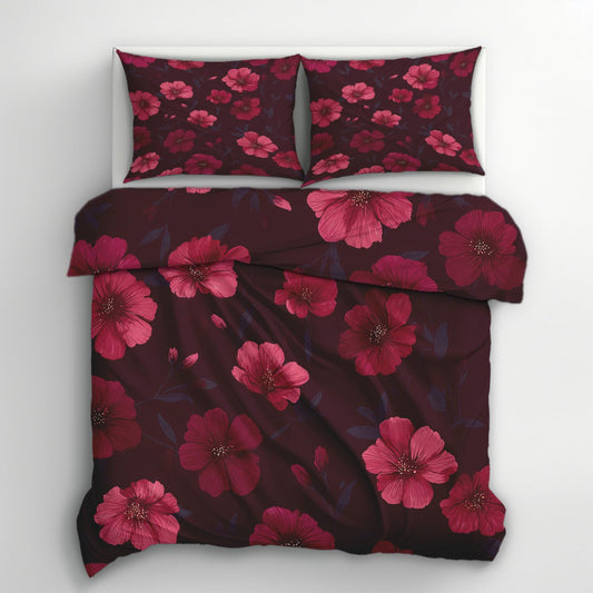 Burgundy Pink Floral Full Duvet Cover Set 3 Piece, Botanical Flower Reversible Bedding with 2 Pillow Shams, Zipper & Ties, Ultra Soft Microfiber, Floral Bedroom Decorations 79A-I