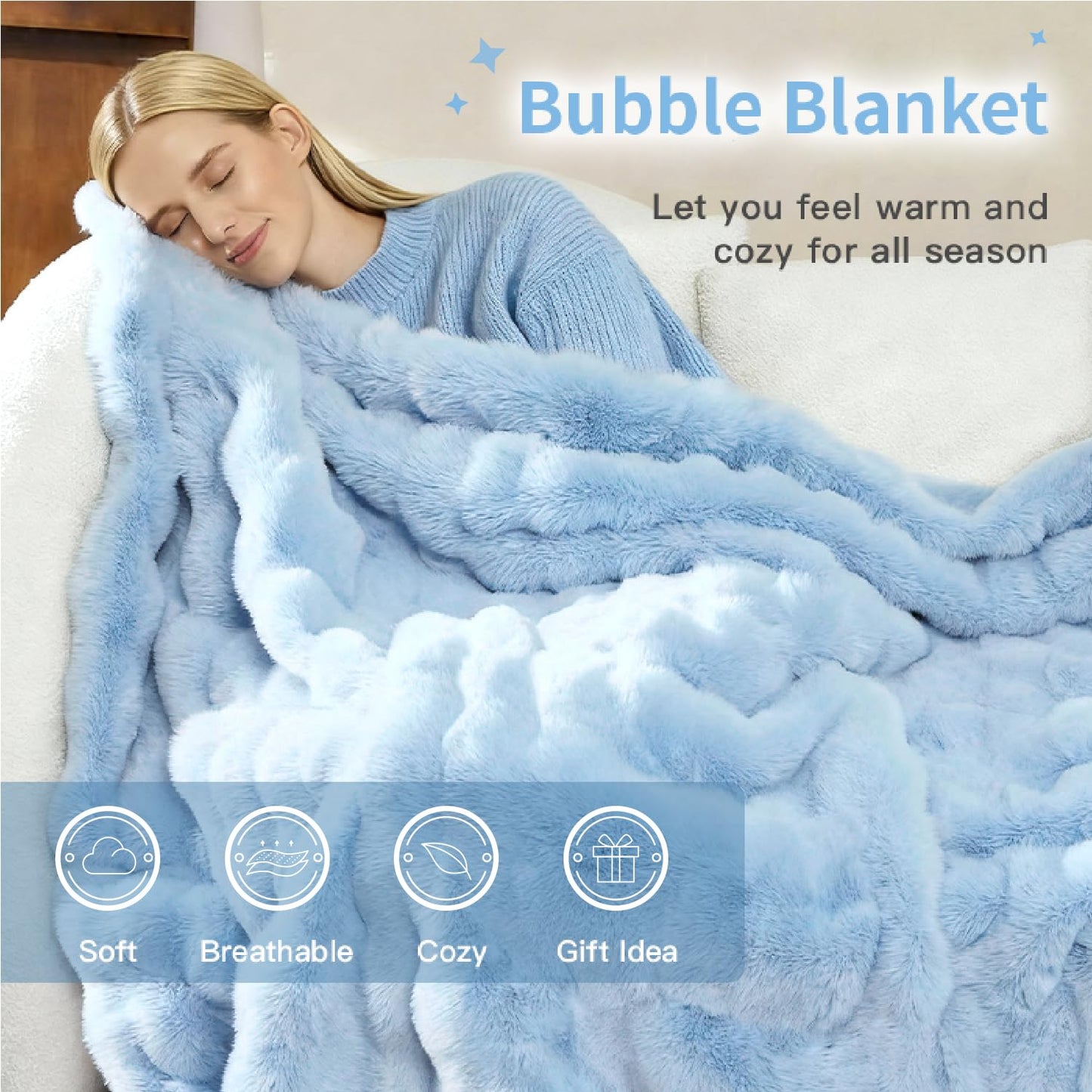 Light Blue Faux Fur Fluffy Blanket Plush Fuzzy Throw Blanket for Couch Sofa Soft Fleece Winter Warm Bubble Bed Throw, 63"x79"
