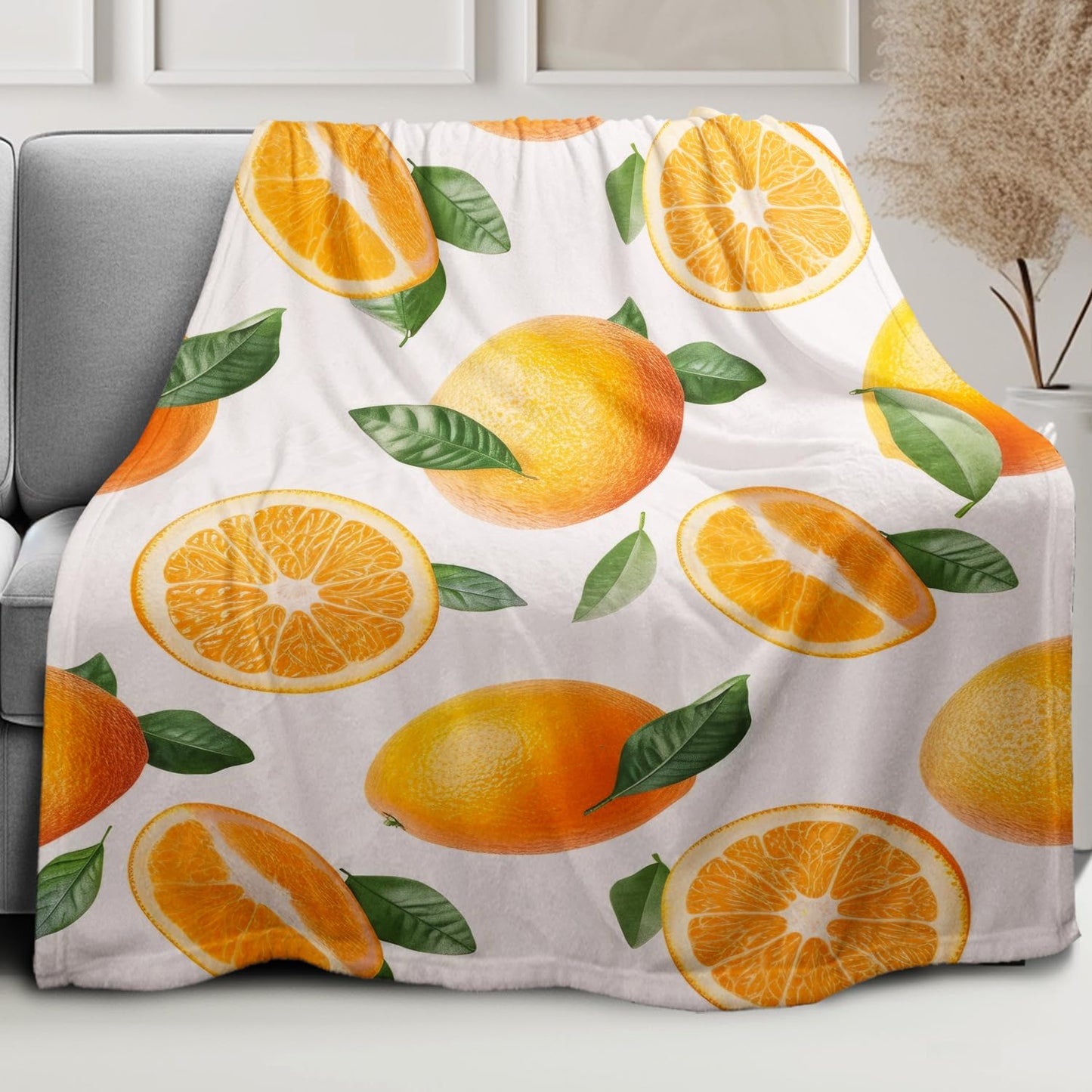 XSMEI Orange Pattern Throw Blanket, Decorative Fleece Blanket with Fresh Fruit Design, Super Soft Warm and Cozy, Gifts for Women Girls Kids, 50" x 60"