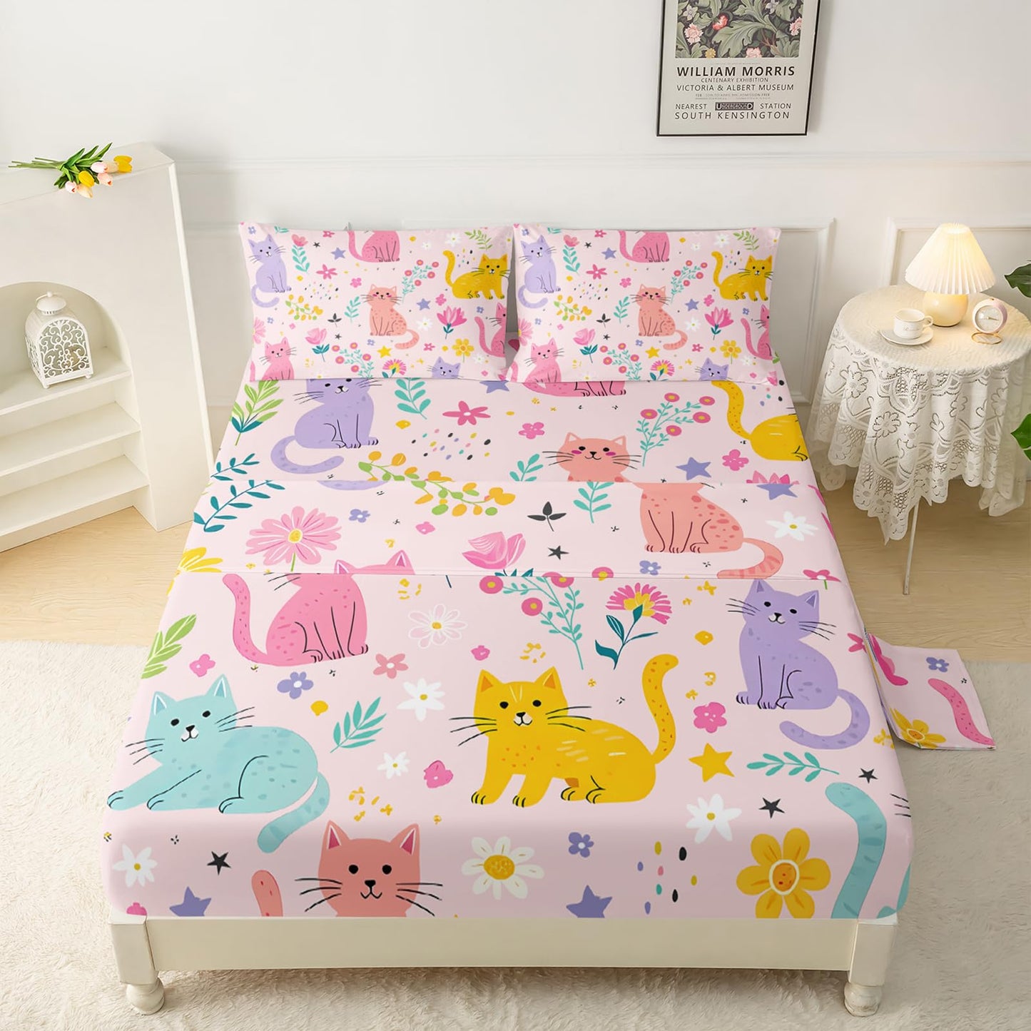 QOOMO Floral Cats Sheet Set,Kawaii Cats Kids Bed Sheets,Pink Floral 16" Deep Pocket Bed Sheet Set for Boys/Girls/Kids/Teens，4 Piece Sheet Set, 1 Fitted Sheet,1 Flat Sheet and 2 Pillowcases，Twin Size