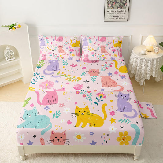 QOOMO Floral Cats Sheet Set,Kawaii Cats Kids Bed Sheets,Pink Floral 16" Deep Pocket Bed Sheet Set for Boys/Girls/Kids/Teens，4 Piece Sheet Set, 1 Fitted Sheet,1 Flat Sheet and 2 Pillowcases，Twin Size