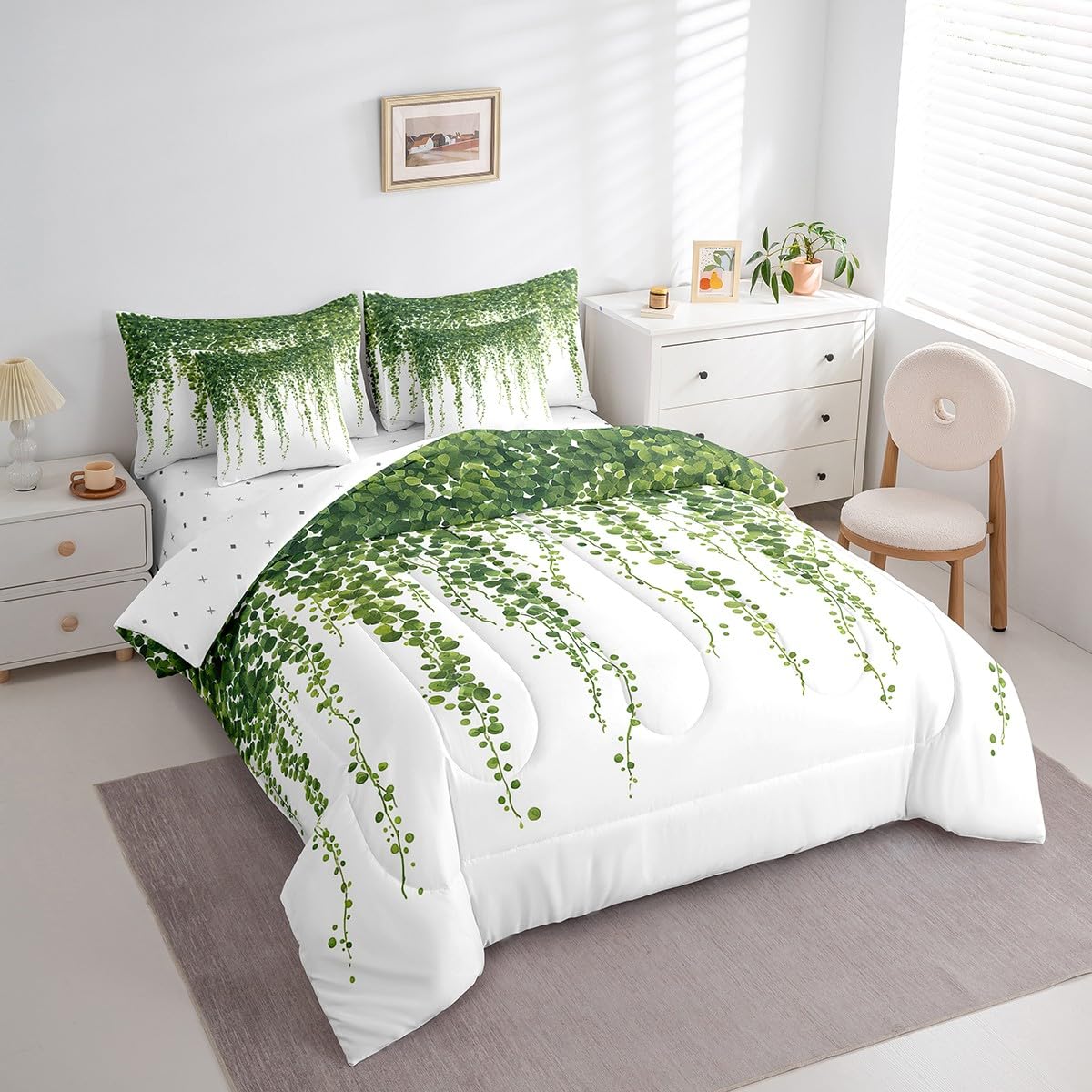 jejeloiu Leaves Comforter Set 7 Pieces Full Size Kids Botanical Garden Bed in a Bag for Boys Girls Nature Bedding Set Spring,Comforter + Sheets + Pillowcases + Cushion Covers