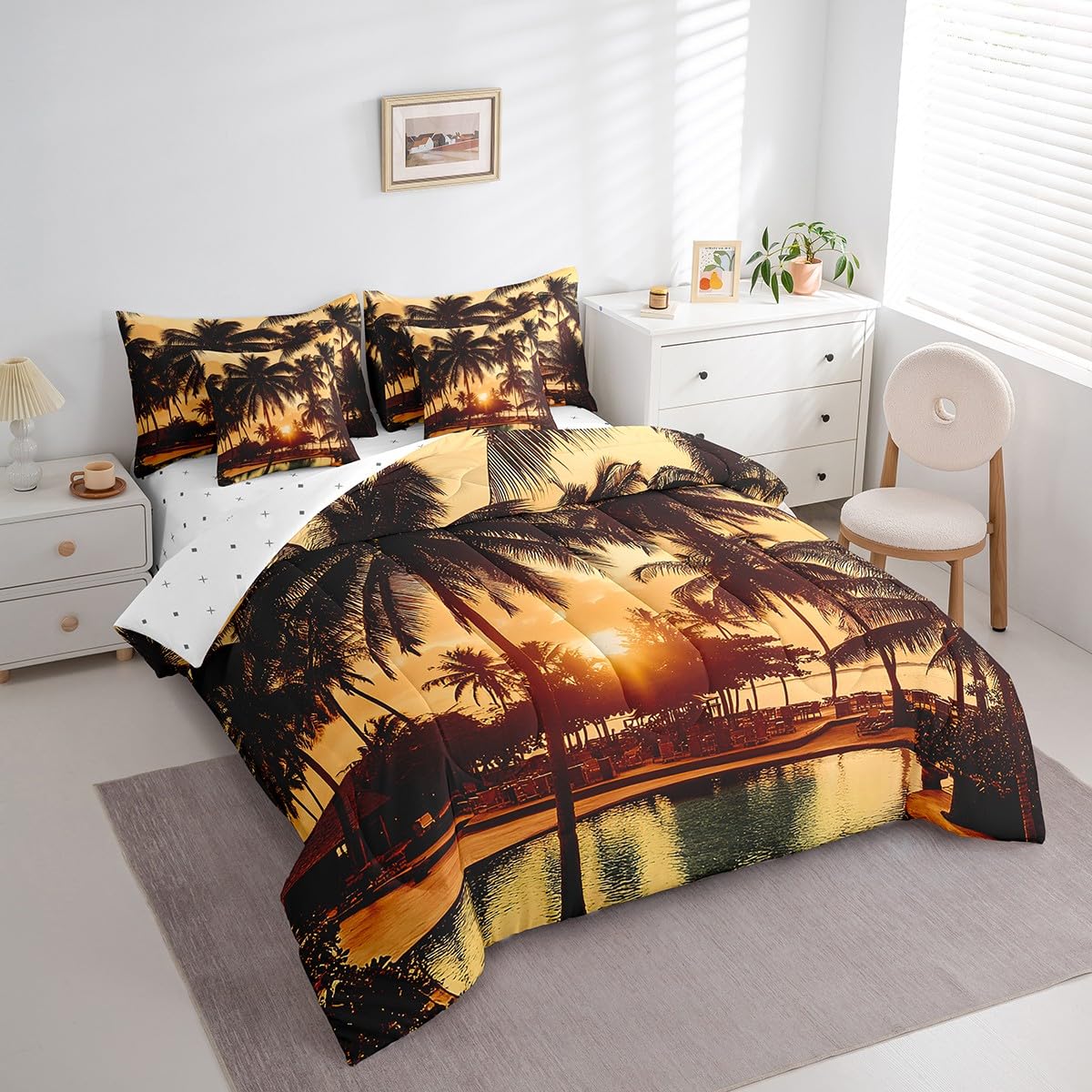 jejeloiu Palm Tree Comforter Set 7 Pieces Full Size Kids Palm Leaf Bed in a Bag for Boys Girls Hawaiian Tropical Island Bedding Set Summer,Comforter + Sheets + Pillowcases + Cushion Covers