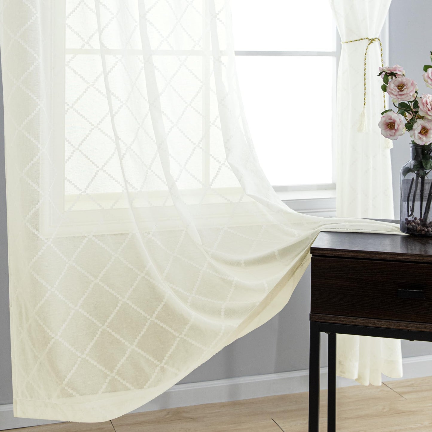 KOUFALL Cream Curtains with Pattern,Embroidered Lace Sheer Patterned Curtains for Living Room,84 Inches Long,Light Beige Ivory Off White