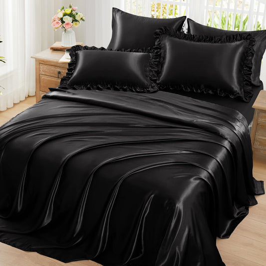 Homiest Ruffled Satin Sheets Full Size 6pc Set - Black Bed Sheet Set with 15 Inch Deep Pocket Fitted Sheet, 1 Flat Sheet, 2 Ruffled Pillow Shams & 2 Pillowcases, Similar to Silk Sheets