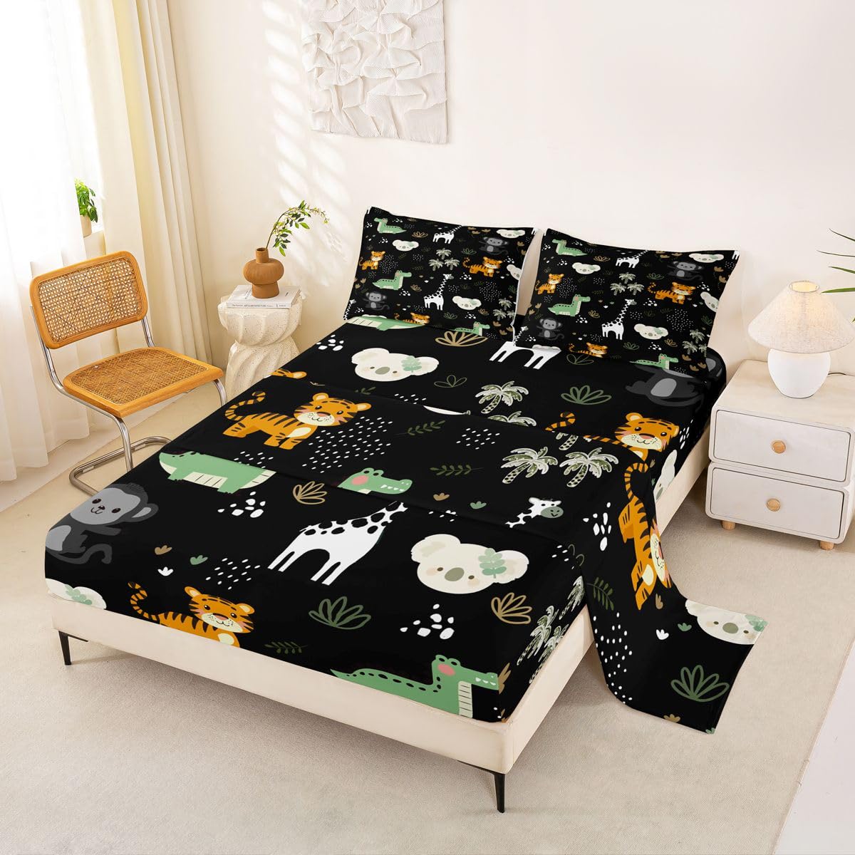Erosebridal Jungle Animals Sheet Set Full Cartoon Kawaii Bed Sheets for Kids Boys Girls Monkey Giraffe Crocodile Tigers Flat Fitted Sheet Hunting Wildlife Sheets 3 Pcs