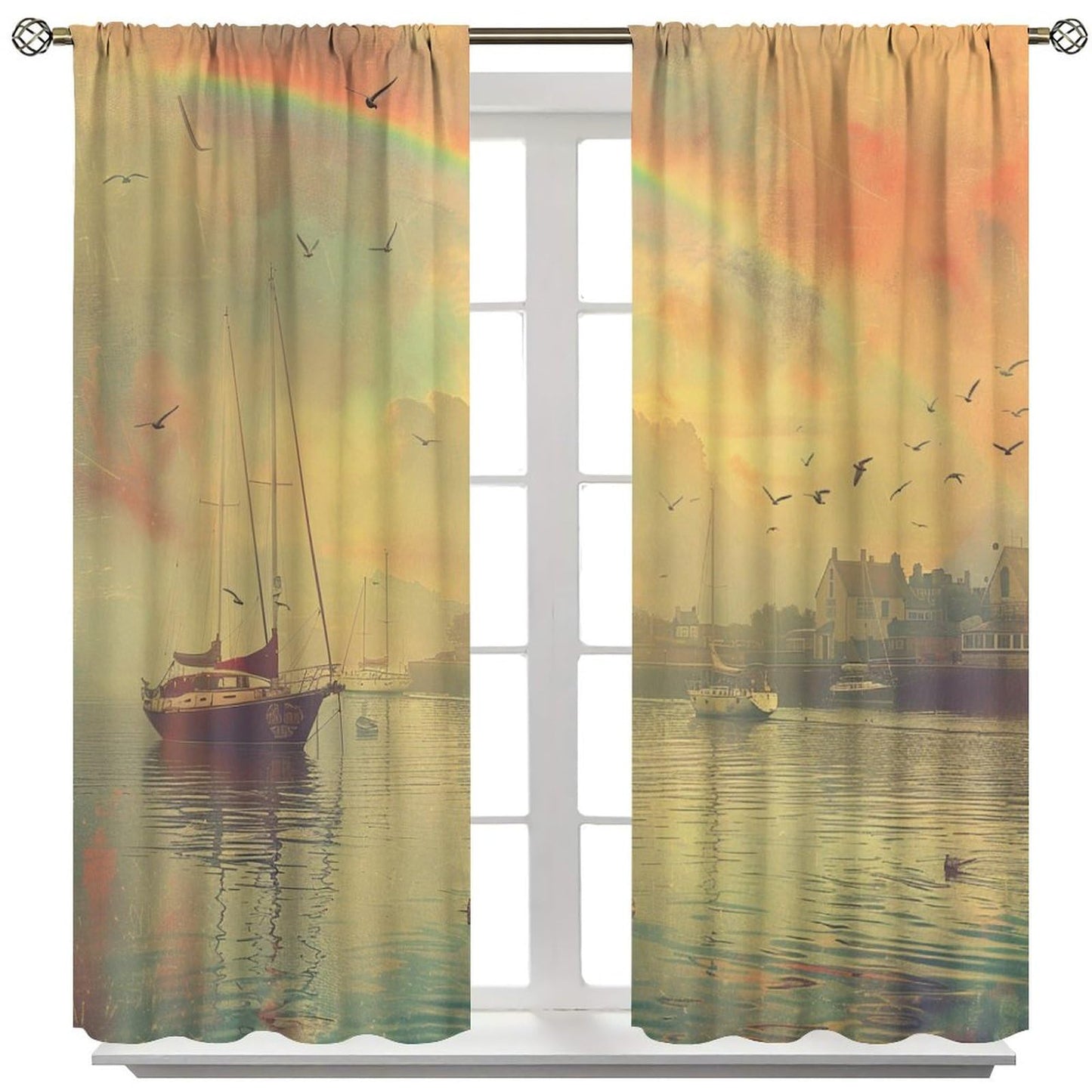 TOWINSFB Vintage Sailboat Nautical Blackout Curtains for Living Room Bedroom, Rainbow Seaside Scenery Window Curtains Rod Pocket Thermal Insulated Window Drapes, 2 Panels, Each 21W x 45L