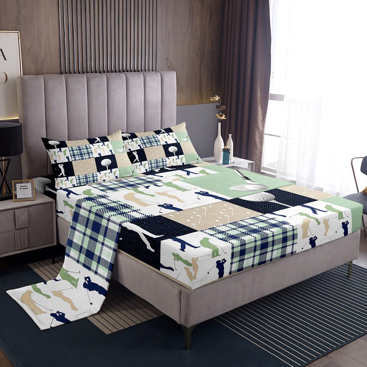 Castle Fairy Golf Plaid Bed Sheet Set Twin Size,Kids Ball Sports Lover Style Sheet Set Room Decor,Green Buffalo Grid Geometric Bedding Set for Boys Teens,(1 Fitted+1 Flat+1 Pillowcase)