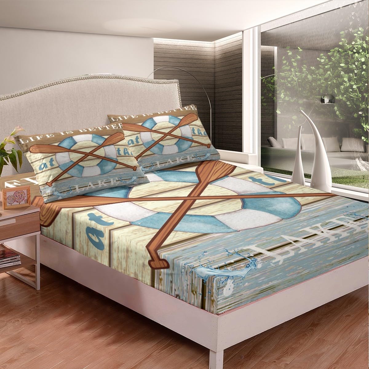 Lake House Fishing Kids Fitted Sheet Twin Size,Adventure Camping Boating Nature Bedding Set,Boys Girls Room Decor,Woode Plank Rustic Retro Bed Cover,Blue Beige Bed Sheet,1 Pillowcase(No Top Sheet)