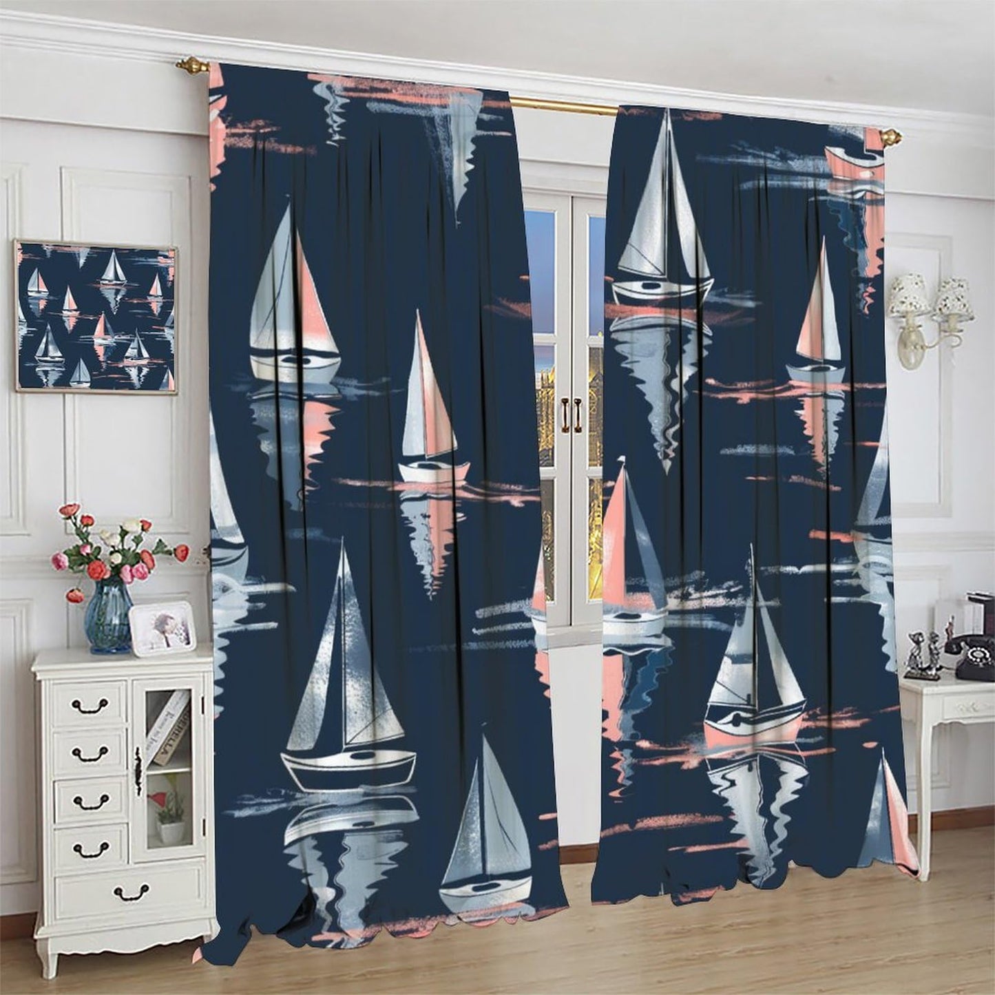 TOWINSFB Nautical Sailboat Blackout Curtains for Bedroom Living Room, Playful Ship Cartoon Illustration Thermal Insulated Room Darkening Curtain - 42" W x 45" L