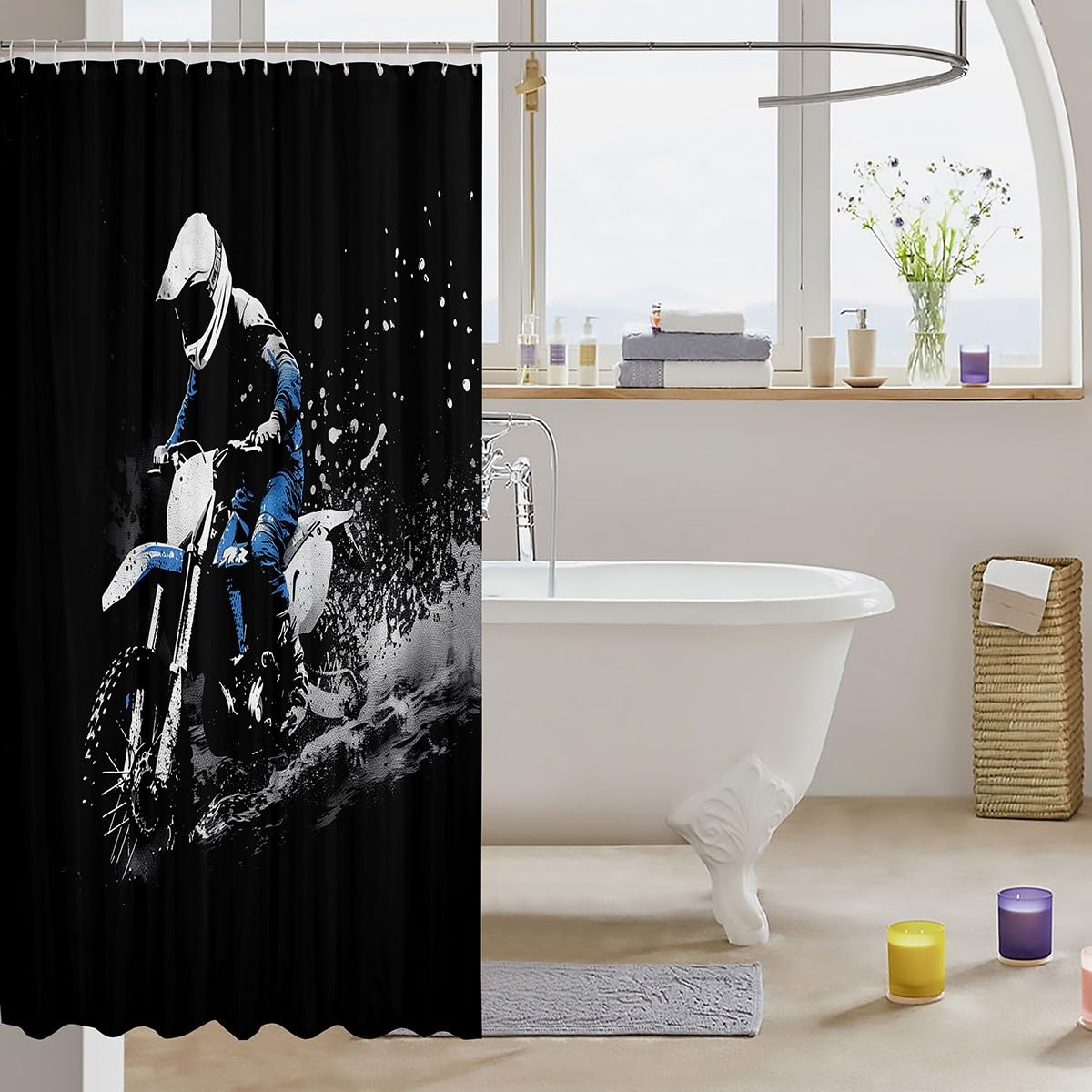 Feelyou Dirt Bike Shower Curtain 72"x84" Racing Themed Bath Curtain Waterproof Racing Motocross Rider Bathroom Shower Curtain Set for Kids Boys Girls Motorcycle Kids Bathroom Accessories Motorbike