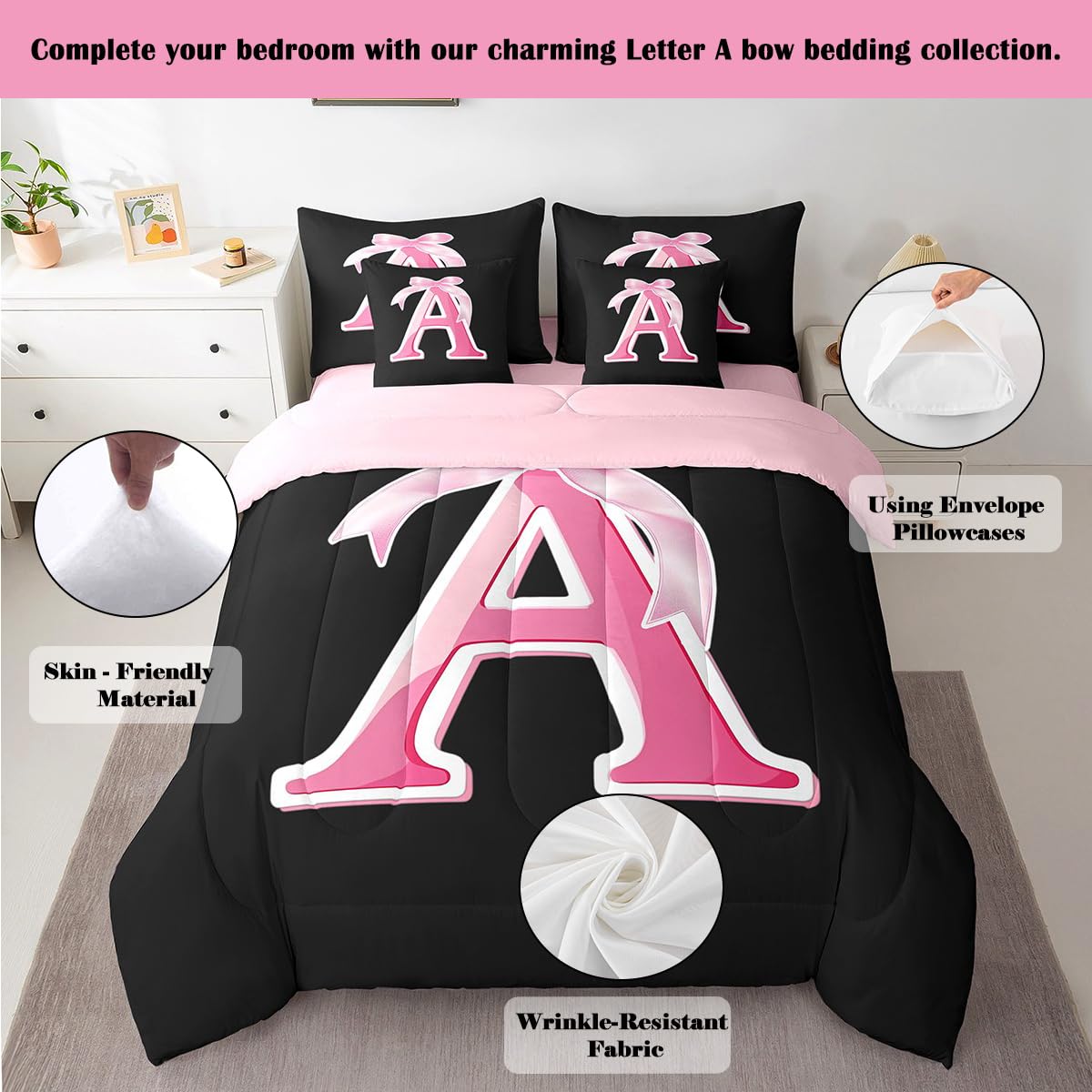 jejeloiu Kids Girls Black Pink Bow Comforter Set with Sheets Twin Size Monogrammed 7 Piece Bedding Set Personalized Initial A Bed in a Bag with Comforter,Sheets,Pillowcases Modern Fashion Bed Set