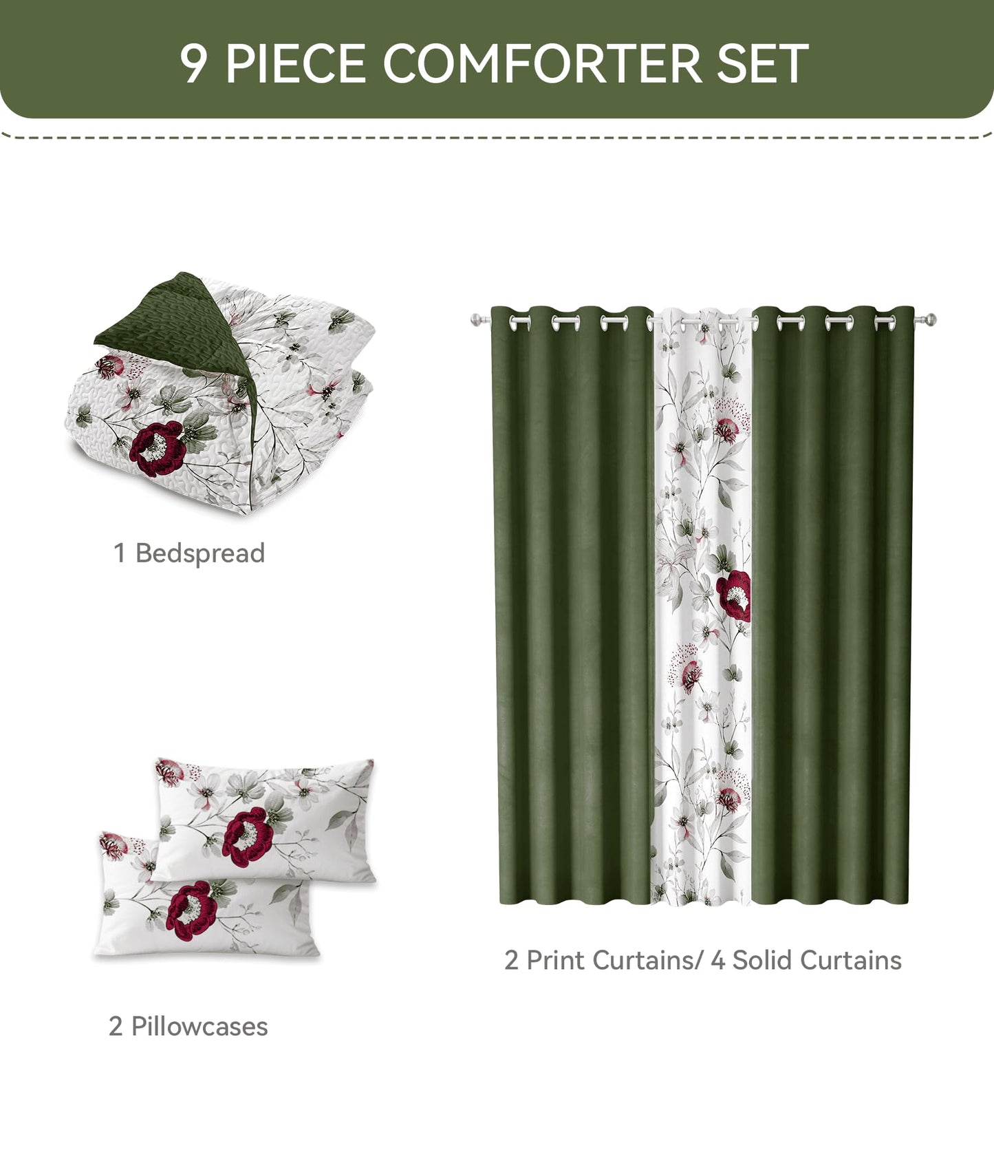 CozyCreatures Vintage Boho Dark Green King Light Comforter Set, 9-Piece Bed in a Bag with Curtains, Brushed Microfiber Bedspread Set with Matching Curtains for Master Bedroom, Machine Washable