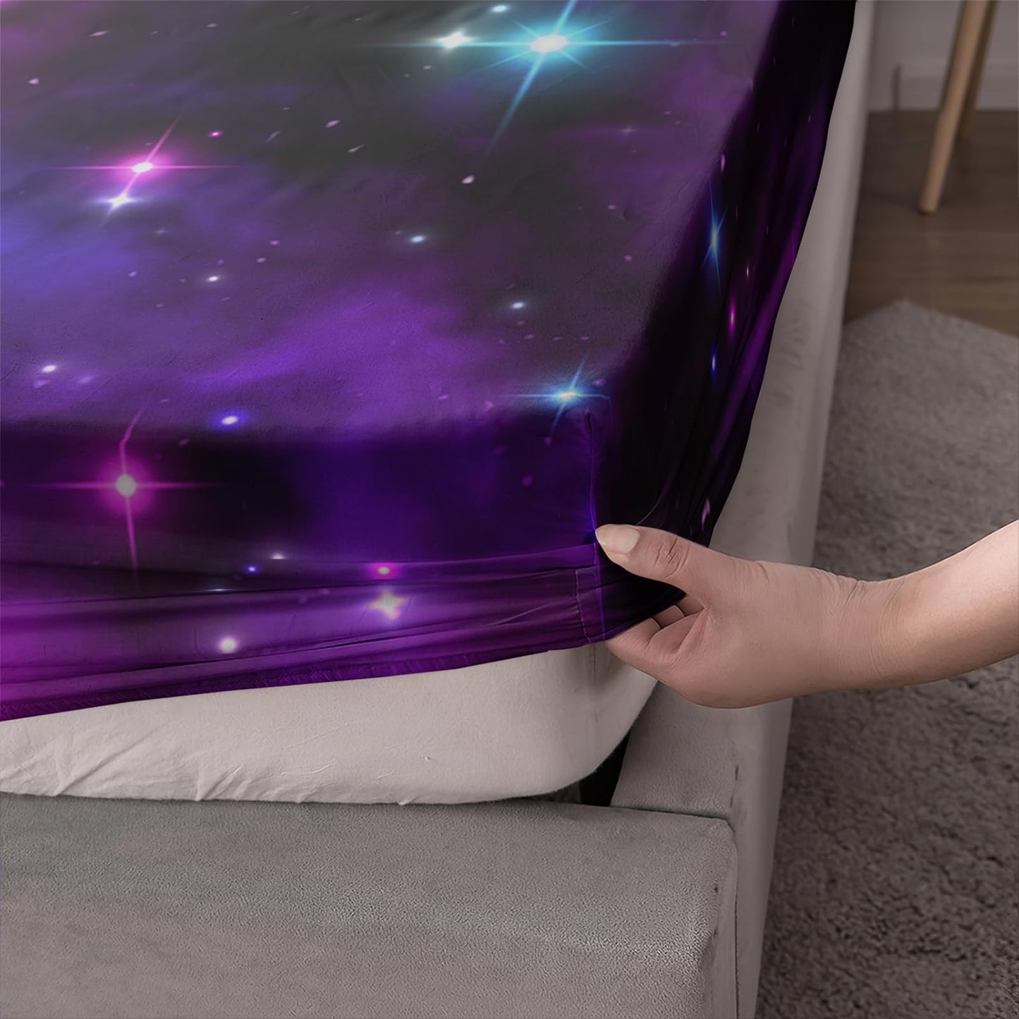 AILONEN Galaxy Fitted Sheet Set Twin XL Size, Outer Space Starry Sky Bedding Set for Kids Boys,Purple Theme Bed Sheet Set for All Season,3-Pieces,1 Fitted Sheet and 2 Pillowcases,Soft