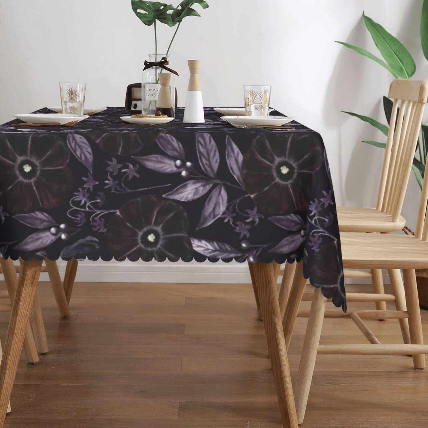 GOUROISE Floral Black Rectangular Tablecloth, Purple Flowers 54x72 Inch Wavy Lace Border Polyester Table Cloth for Dining, Kitchen, Parties
