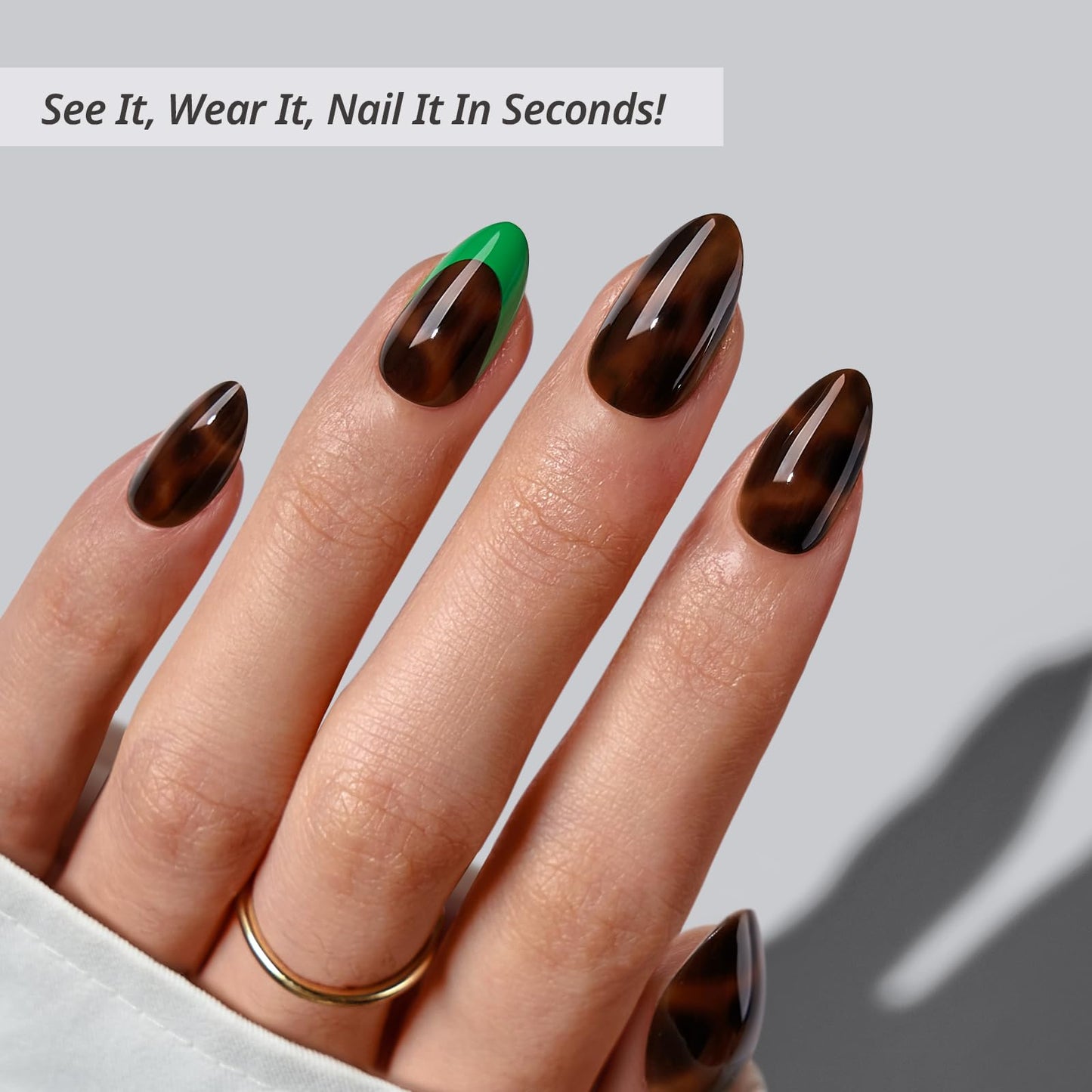 BTArtbox Press On Nails Short - Emerald Code, Tortoiseshell Almond Press On Nails with Glue and Adhesive Tabs for Women, Soft Gel Glue On Nails in 16 Sizes - 32 Stick On Nails Kit