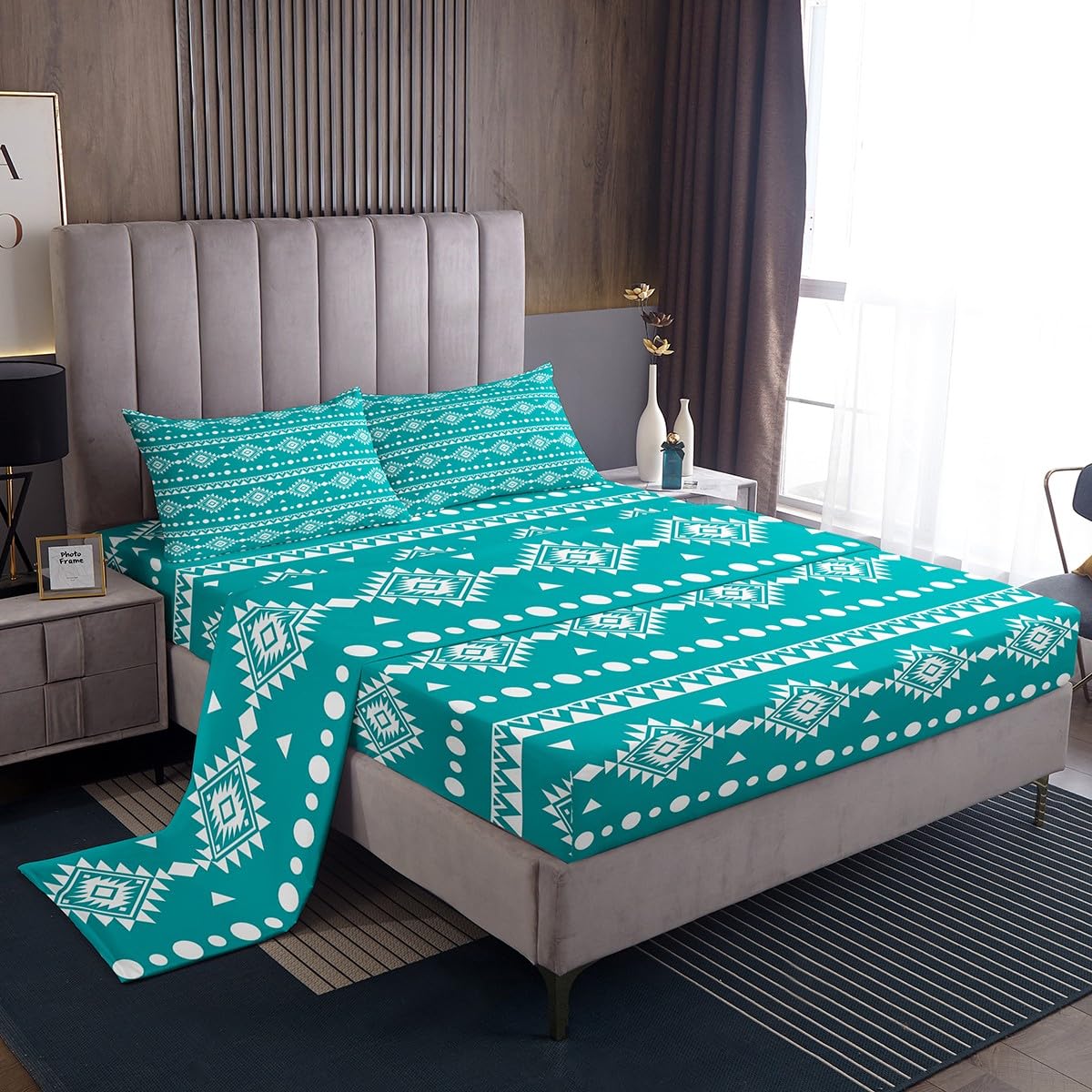 Erosebridal Western Aztec Bed Sheets Set Full Size, Bohemian Decor Flat Fitted Sheet for Boys Girls Women Men Bedroom, Exotic Tribal Bedding Set, Geometric Southwestern Farmhouse Bed Sets
