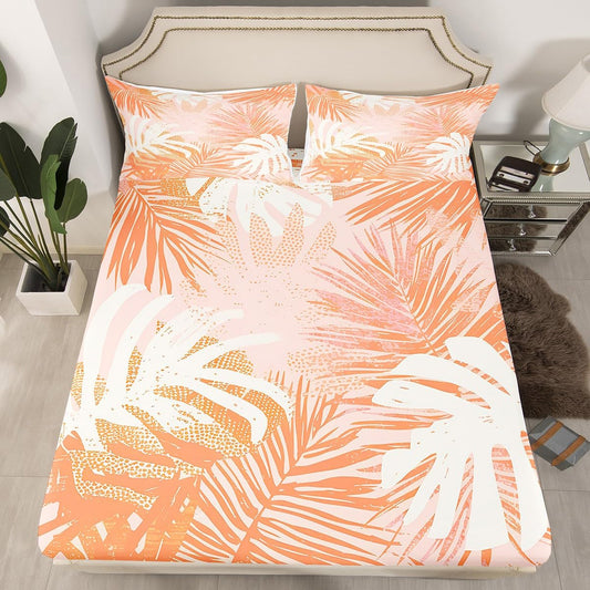 Manfei Palm Leaf Fitted Sheet Full Size Watercolor Leaves Print Bed Cover Tropical Bedding Set 3pcs for Kids Boys Girls Room Decor, Champagne and White Bed Sheet Set with 2 Pillowcases