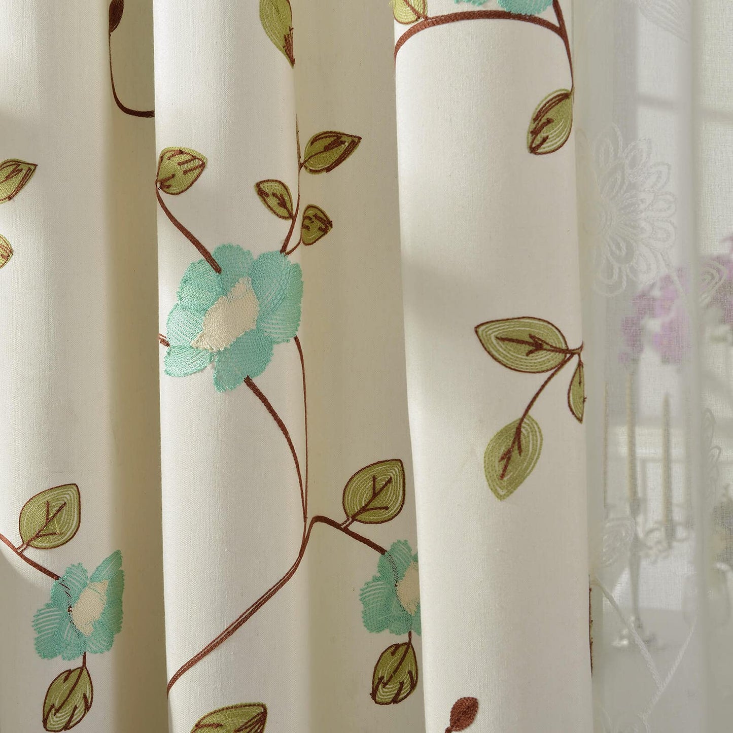 VOGOL White Linen Curtains 63 inch Length Blue Floral Embroidered Grommet Window Panels for Bedroom, W52xL63, 2-Panel Pack