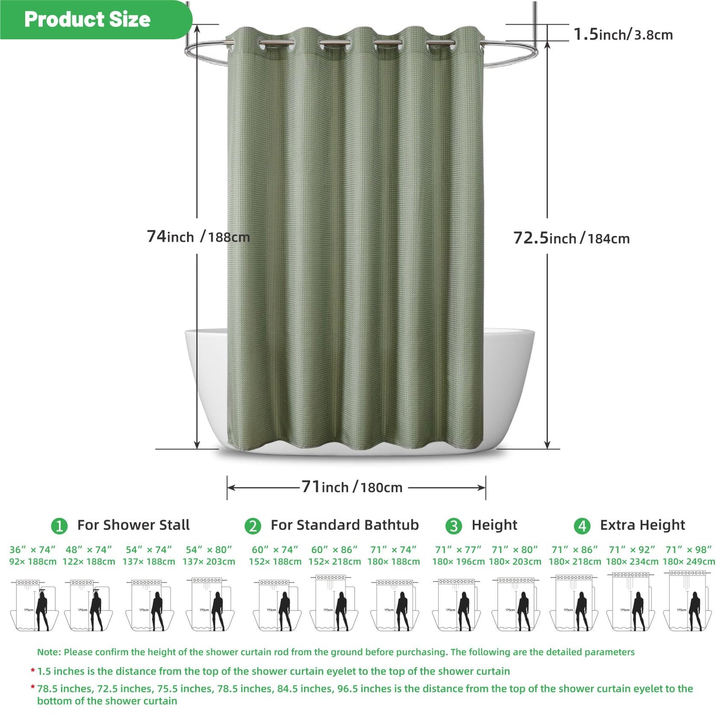 No Hook/Liner Waffle Shower Curtain, Waterproof, 71x74 Inch Sage Green