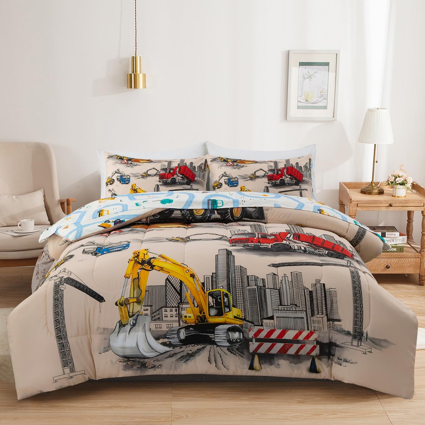 Holawakaka Trucks Tractors Cars Boy Bedding Comforter Set with Sheets, Twin Size Cartoon Construction Car Excavator Print Kids Bed in A Bag 5-Piece, Boys Reversible Dorm Bed Sets (Camel Twin)