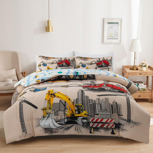 Holawakaka Trucks Tractors Cars Boy Bedding Comforter Set with Sheets, Twin Size Cartoon Construction Car Excavator Print Kids Bed in A Bag 5-Piece, Boys Reversible Dorm Bed Sets (Camel Twin)