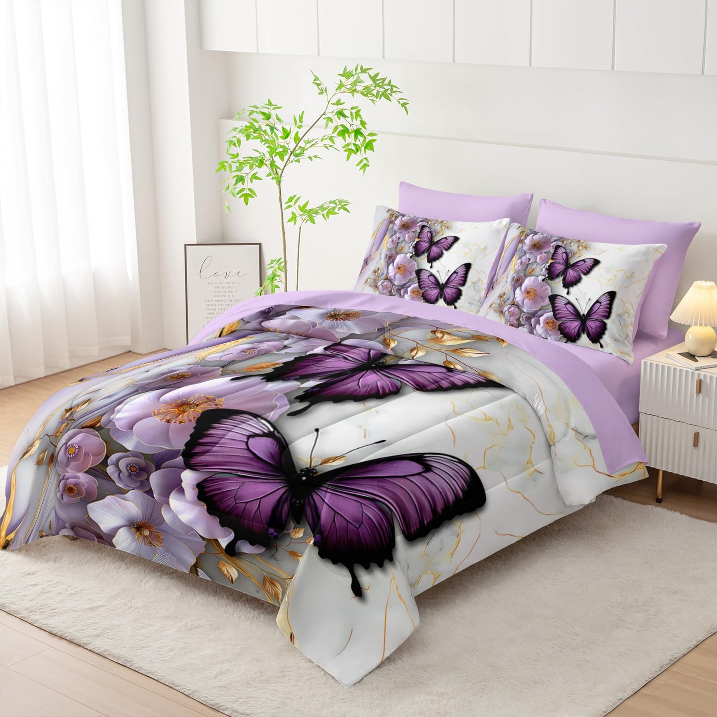AILONEN Butterfly Girls Comforter Set Printed Full Size 7Pcs Purple Floral Bed in a Bag,Gold White Marble Flower Comforter + Fitted/Flat Sheet + 2 Pillowcases + 2 Pillow Shams for Kids Women