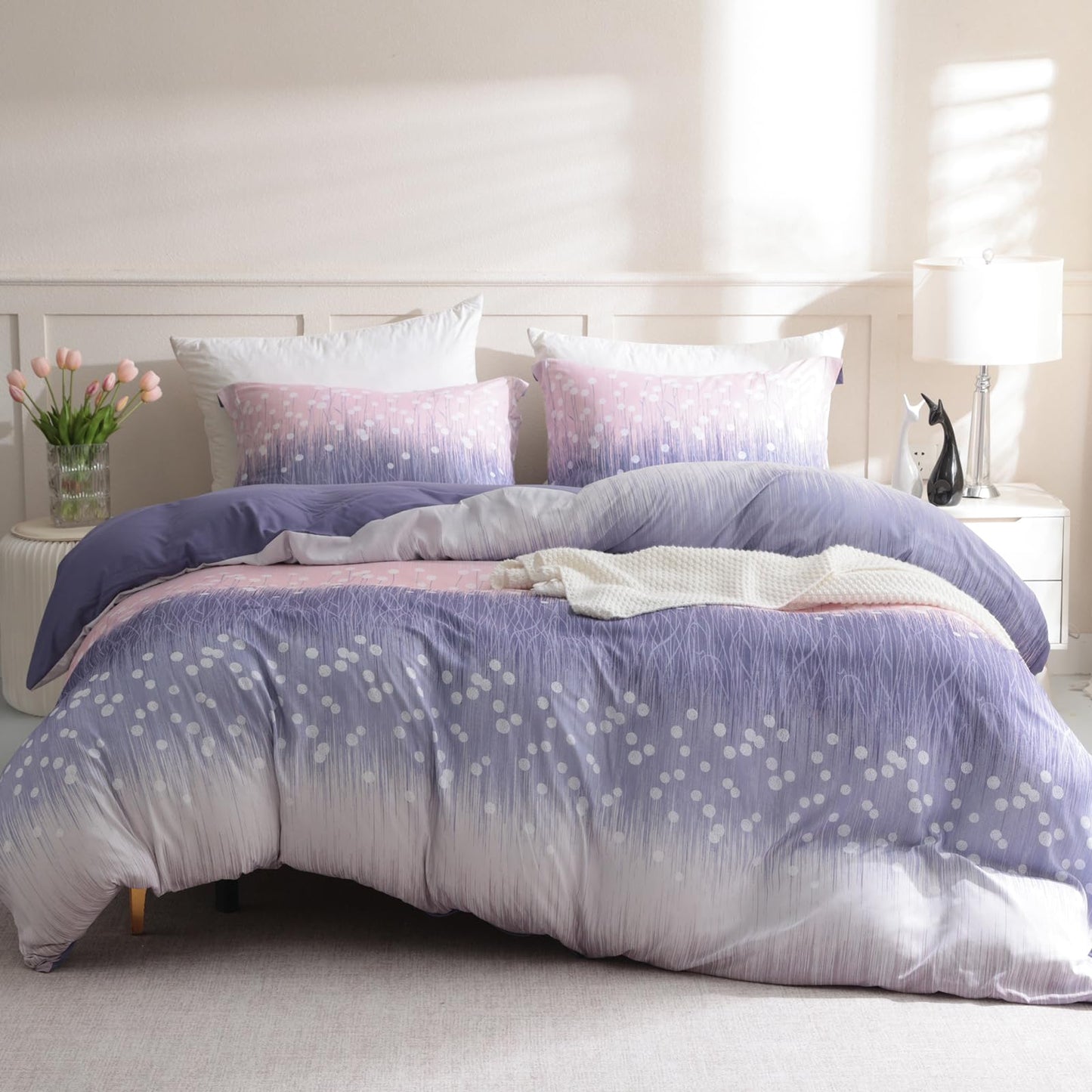 LONAVA Queen Patchwork 3 Pcs Duvet Cover Set, Breathable Soft Microfiber Purple Lining Comforter Cover with Zipper Closure, and 2 Anti-Pilling, Fade Resistant Pillowcases, Purple Blossom