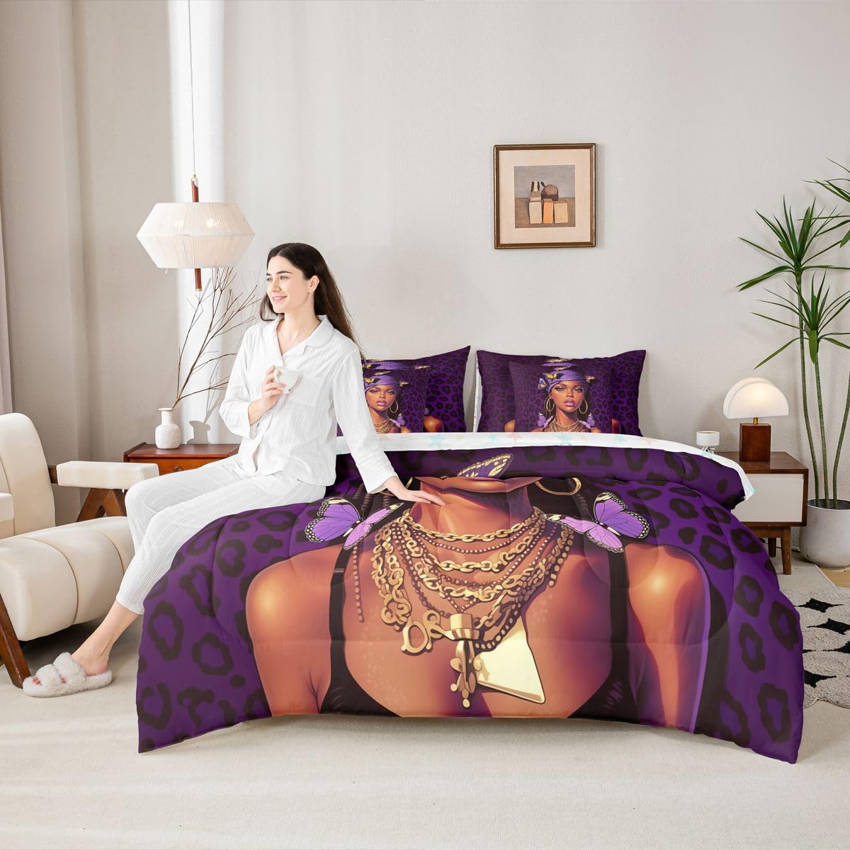 Erosebridal Black Girls Magic Queen Bedding Set Dark Purple Leopard Print Comforter Set Women Teen Coquette Butterfly 7-Piece Bed in a Bag Stylish Cheetah Headwrap Quilt Sets