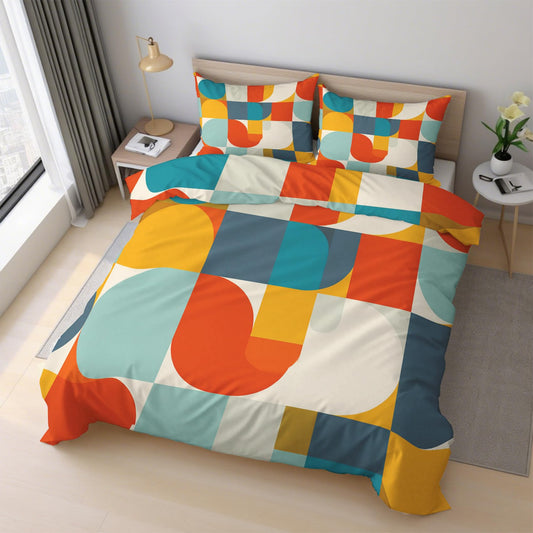 Mid Century Modern Duvet Cover Twin Size, Colorful Geometric Bedding Set 2 pcs with 1 Pillow Cover, Abstract Geometry Bedroom Decor, Soft Microfiber Reversible, Zipper & Ties KJJT 106