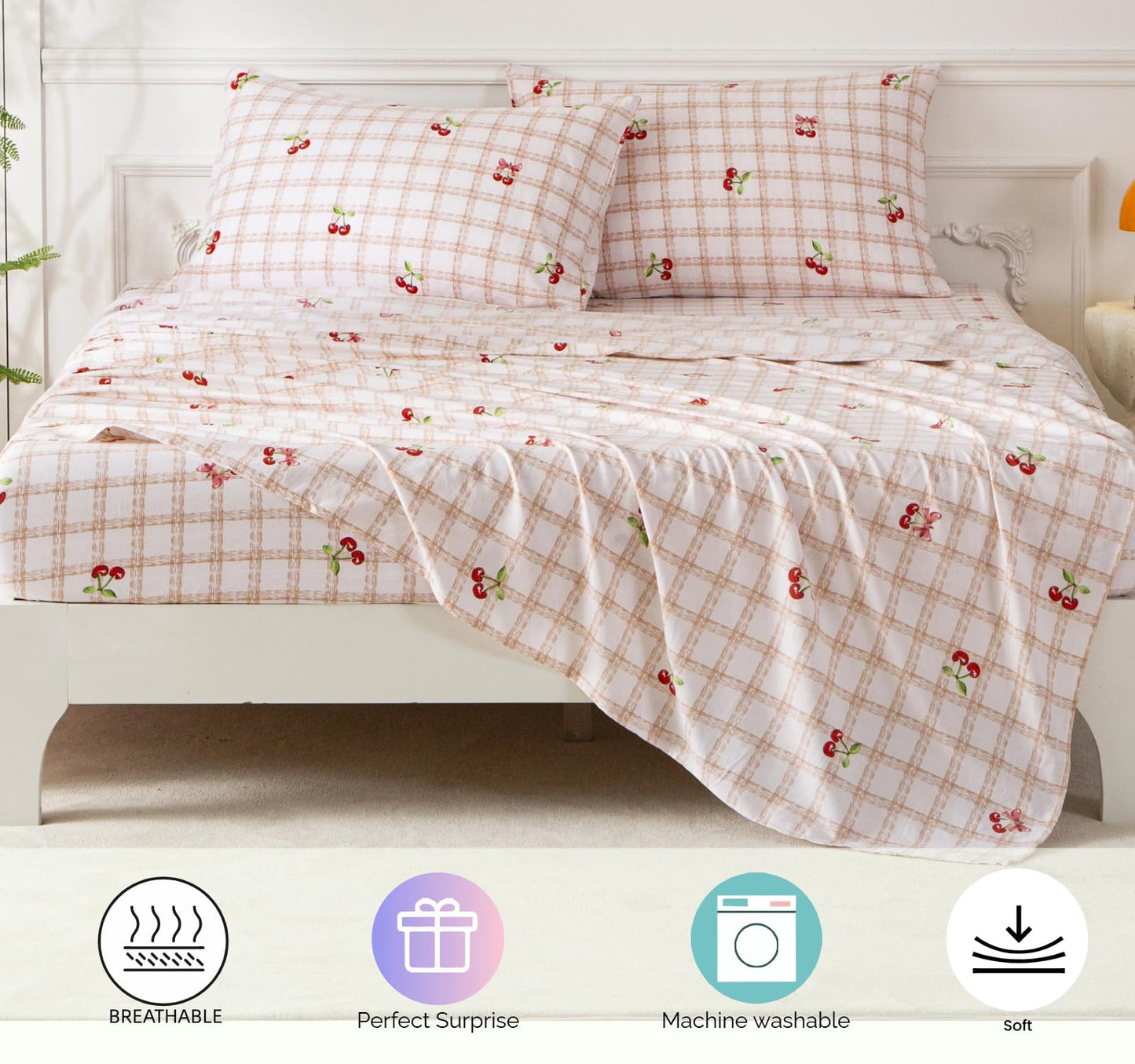 SDY 7PCS Pink Cherry Plaid Comforter and Sheet Set Twin Size, Gingam Bedding for Man Woman Adult Set Includes 1*Comforter,1* Flat Sheet, 1*Fitted Sheet,2*Pillowcases and 2*PillowcaseShams