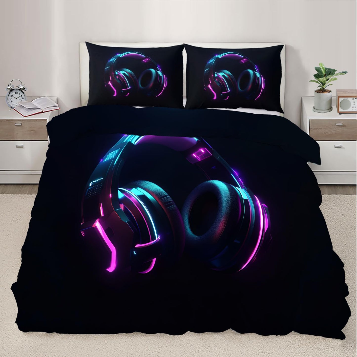 PAISUOQ Music Duvet Cover Queen, Cool Headphones Bedding Sets, Music Lover Comforter Cover with 2 Pillowcases, 3 Pieces with Zipper & Ties, Dorm Decor & Gifts