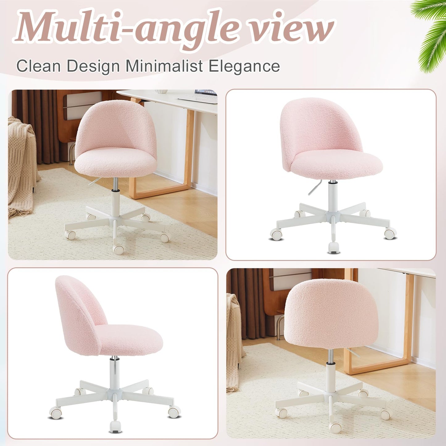 VINGLI Cute Candy Chair Armless Comfy Small Office Desk Vanity Chair with Wheels & Lumbar Support,Teddy Adjustable Rolling Swivel Computer Task Ch for Home Office,Bedroom,Gentle Pink