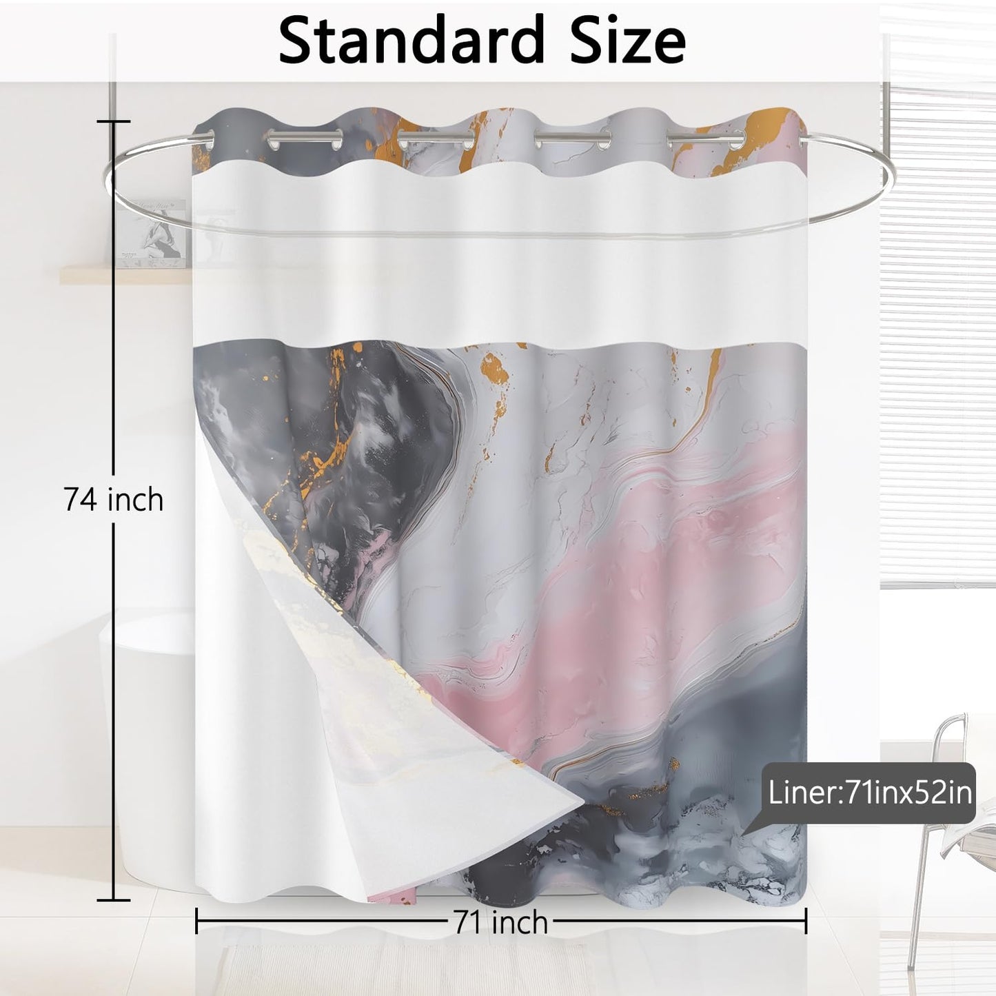 Xiazhilaio No Hook Marble Shower Curtain with Snap in Liner 71x74 Inch