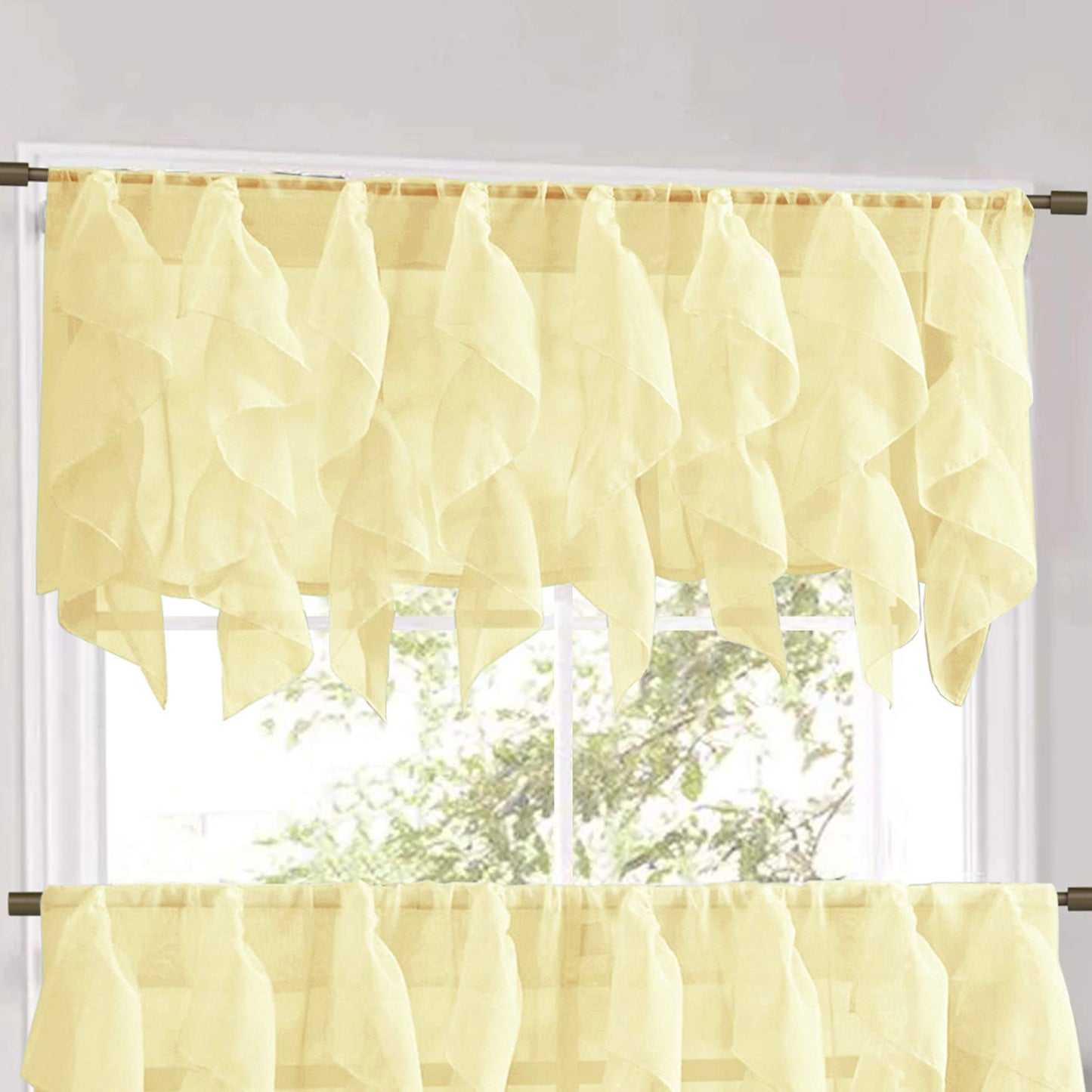 Veritcal Ruffled Kitchen Curtain Sheer Cascading Ruffle Waterfall Window Treatment - Choice of Valance, 24" or 36" Tier, and Kit