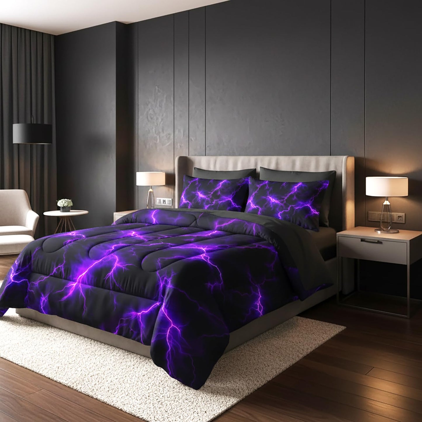 QOOMO Purple Lightning 7 Pieces Comforter Set Queen Size,Neon Lightning Bedding Set for Kids-Include 1 Comforter,1 Fitted Sheet,1 Flat Sheet,2 Printing Pillowcases and 2 Black Pillowcases