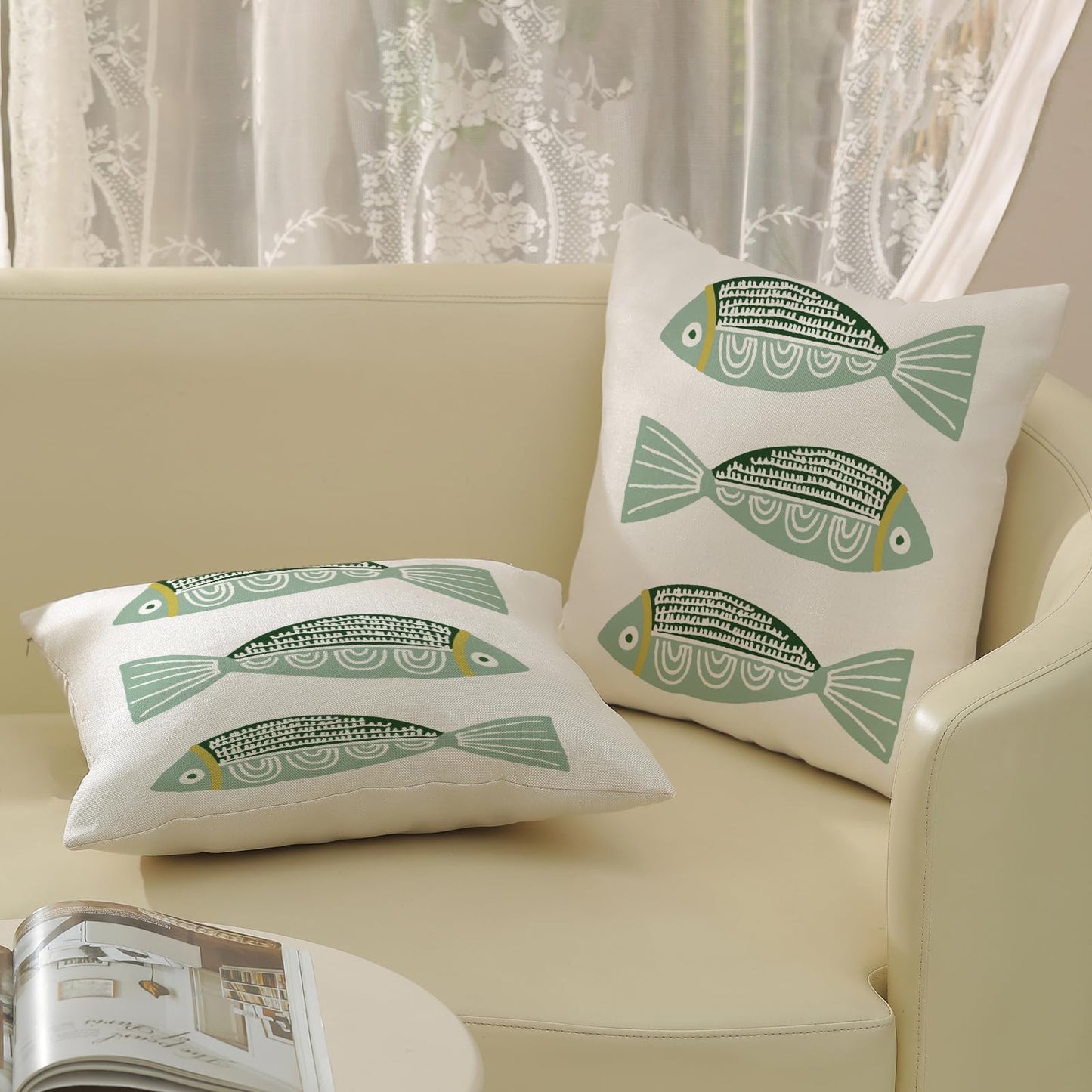 OFIRD Coastal Pillow Covers 18 x 18 Inch Set of 2,Ocean Beach Green Fish Throw Pillows Summer Nautical Outdoor Decorative Pillow Cases Square Farmhouse Cushion Case for Couch Sofa Decoration
