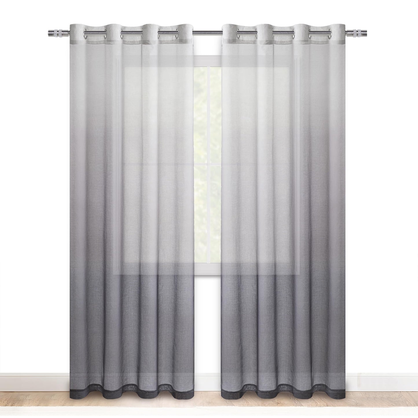 DWCN Grey Ombre Sheer Curtains - Gradient Semi Voile Grommet Top Window Curtains for Bedroom and Living Room, Set of 2 Panels, 52 x 84 Inches Long