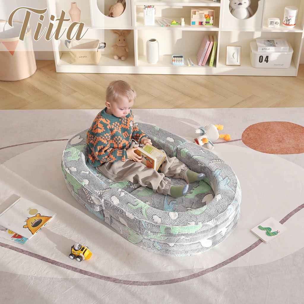 Tiita 3-in-1 Kids Sofa Bed, Comfy Couch Plush Toddler Chair Bed, Convertible Toddler Travel Beds, Folding Kids Couch with Washable Cover Carrying Handle for Girls and Boys