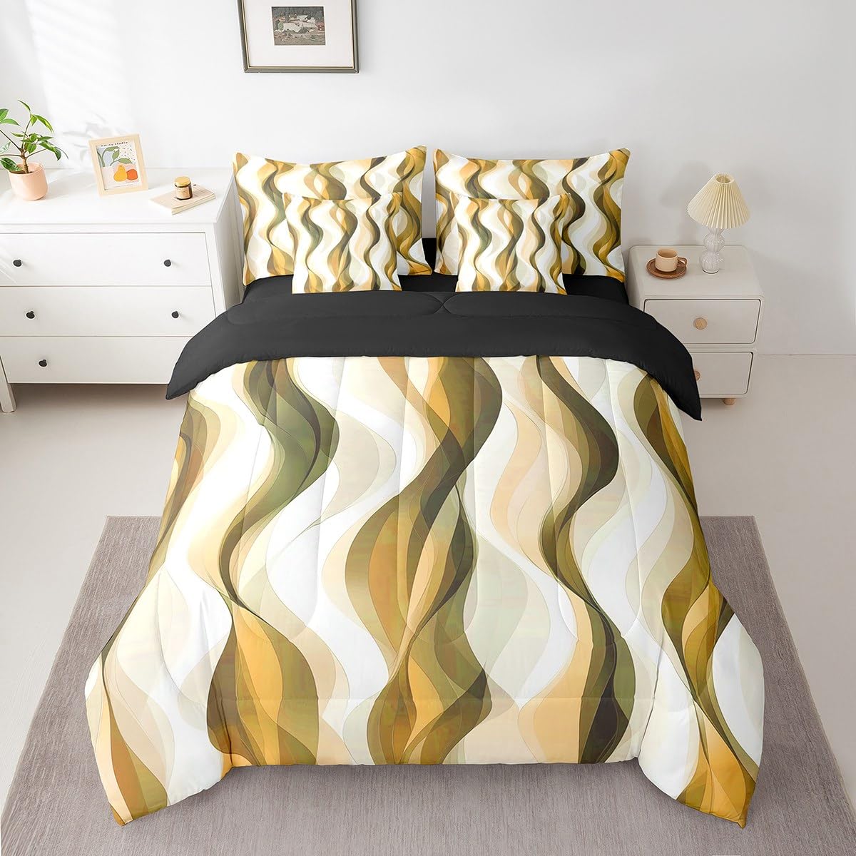 Erosebridal 7Pcs Lemon Yellow Queen Size Comforter Set,Boho Abstract Striped Bed in A Bag for Kids Teens Adults,Minimalist Modern Geometric Bedding with Bed Sheets,Mid Century Aesthetics Art Quilt