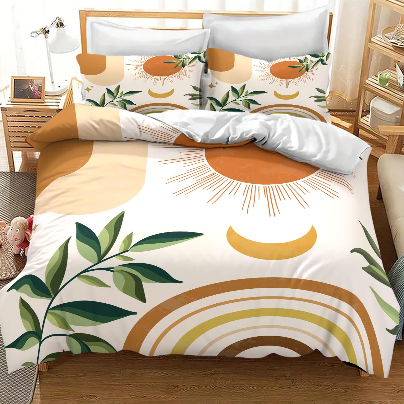 Lnepty Mid Century Leaf Bedding Set,Boho Tropical Nature Plants Modern Minimalist Comforter Set with Pillowcase for Bedroom Bed Decor，Twin 86"x70"